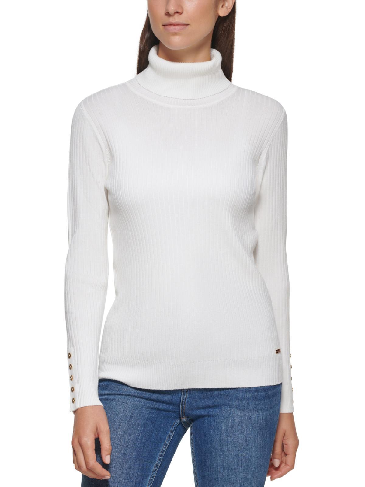 Calvin Klein Button Turtleneck Pullover Sweater in White | Lyst