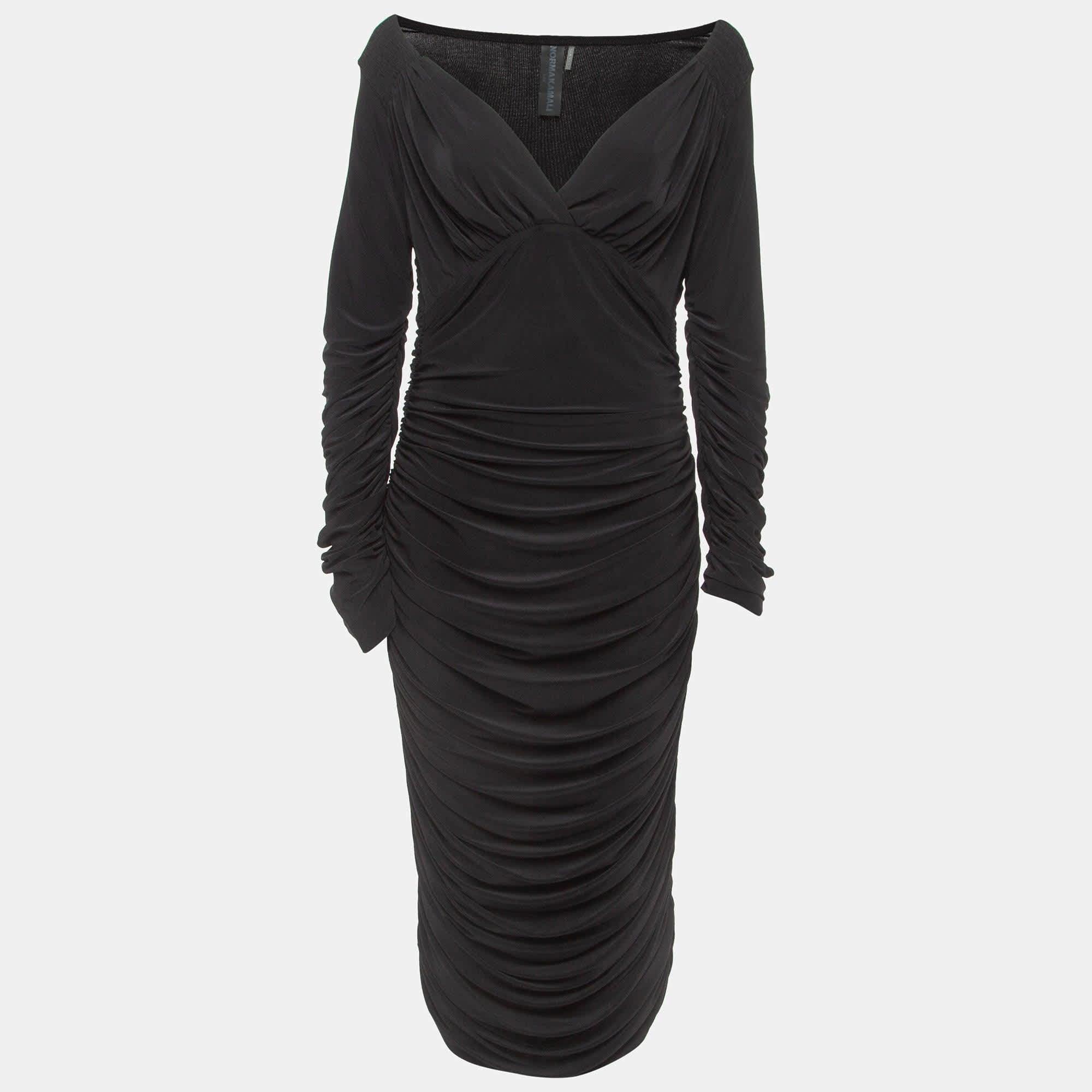 norma kamali tara long-sleeve deep-v ruched stretch jersey midi dress Designer Dresses for Women The floaty skirt adds