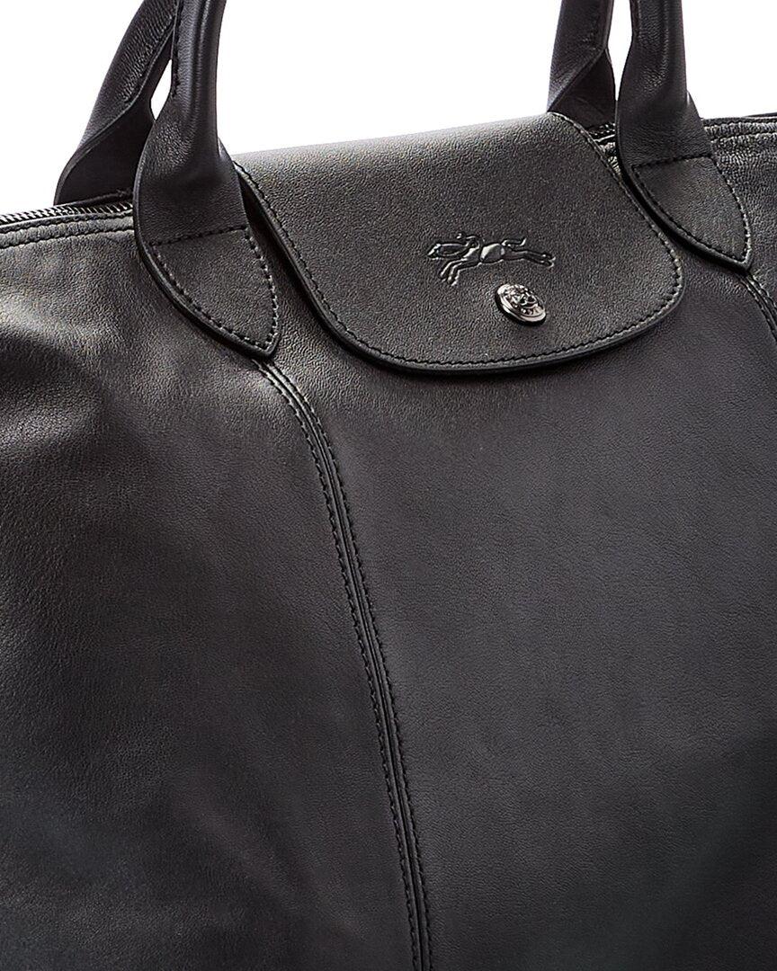 Longchamp Le Pliage Cuir Medium Leather Logo Strap & Short Handle Tote in  Black