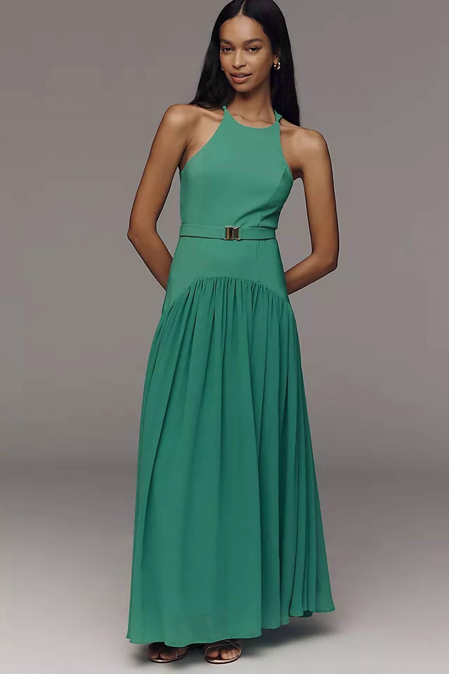 hutch sleeveless v-neck bow-back tiered a-line maxi dress Hutch Harlo Deep-V Back-Bow Tiered Colorblock Maxi Gown Size US 6