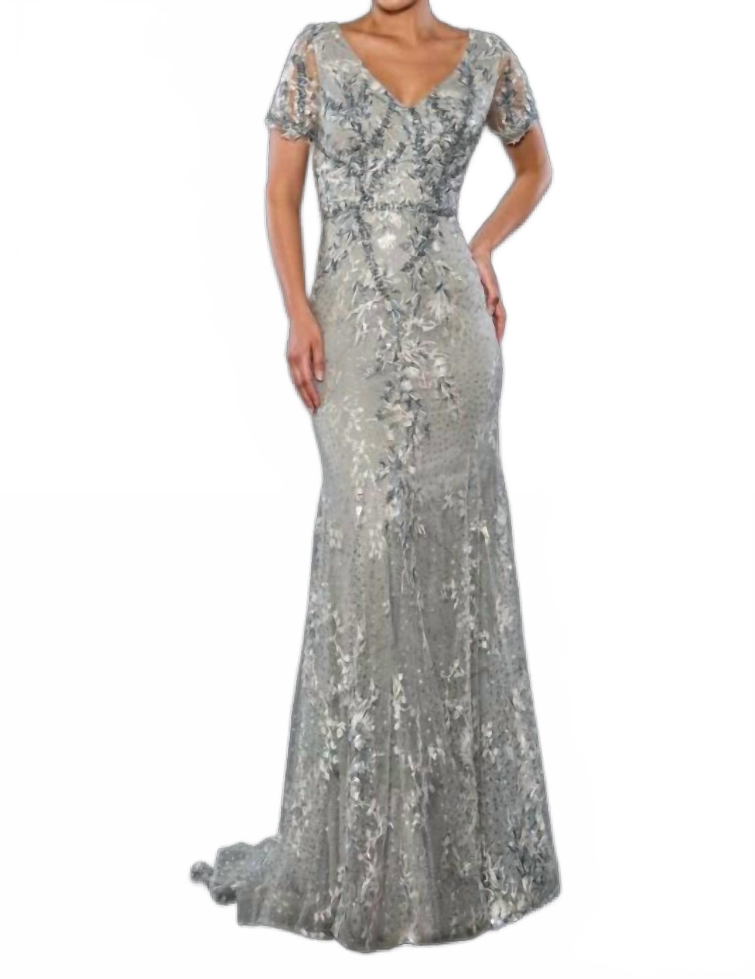 js collections long dresses Js Collections Crew Neck Long Sleeve Embellished Ruched Waist Flutter Keyhole Back Mesh Gown