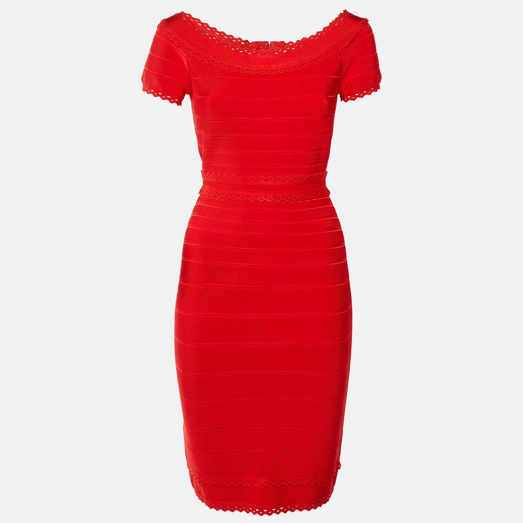 fitted lace wedding dress Herve Leger Sara Gown Red – Hire For A Night