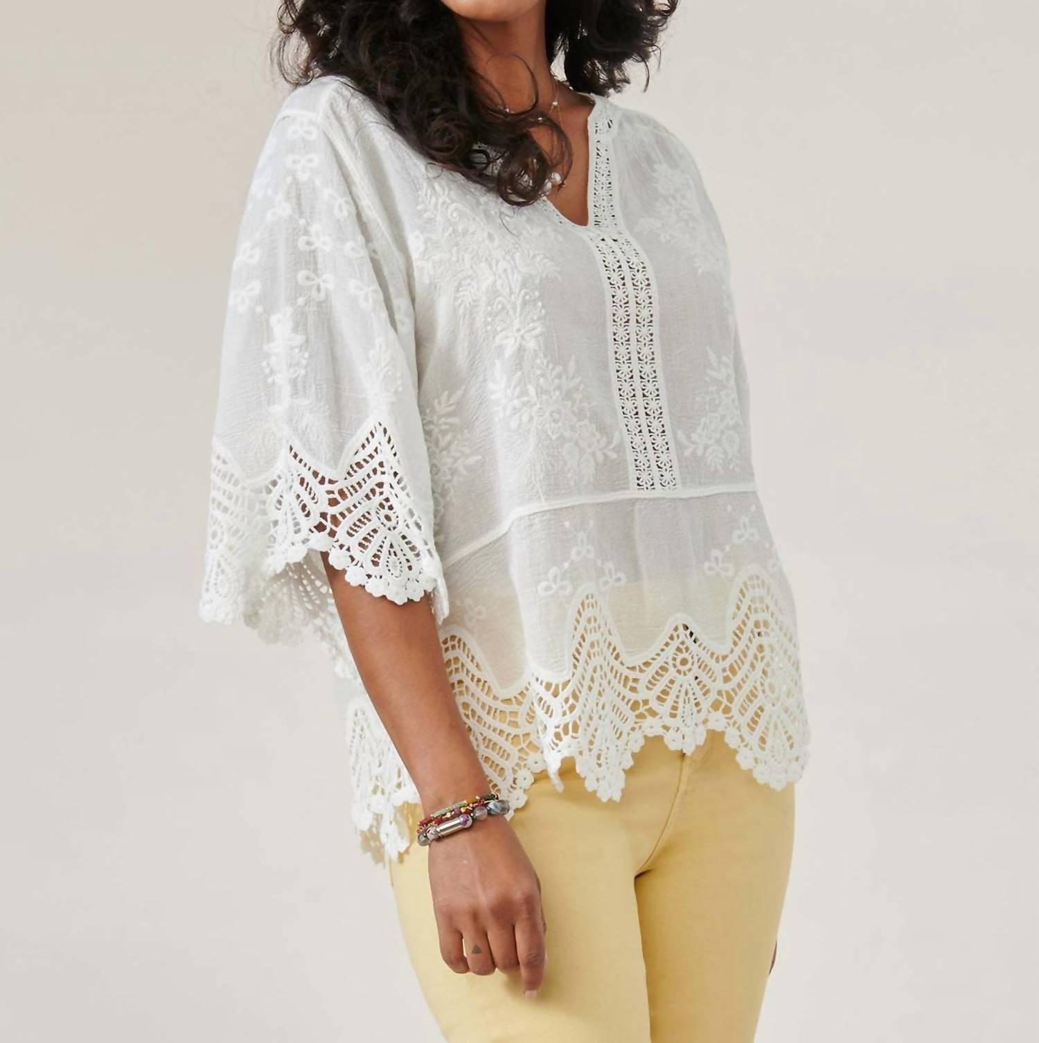 Democracy 3 4 Sleeve V Notch Neck Scallop Edge Crochet Woven Top