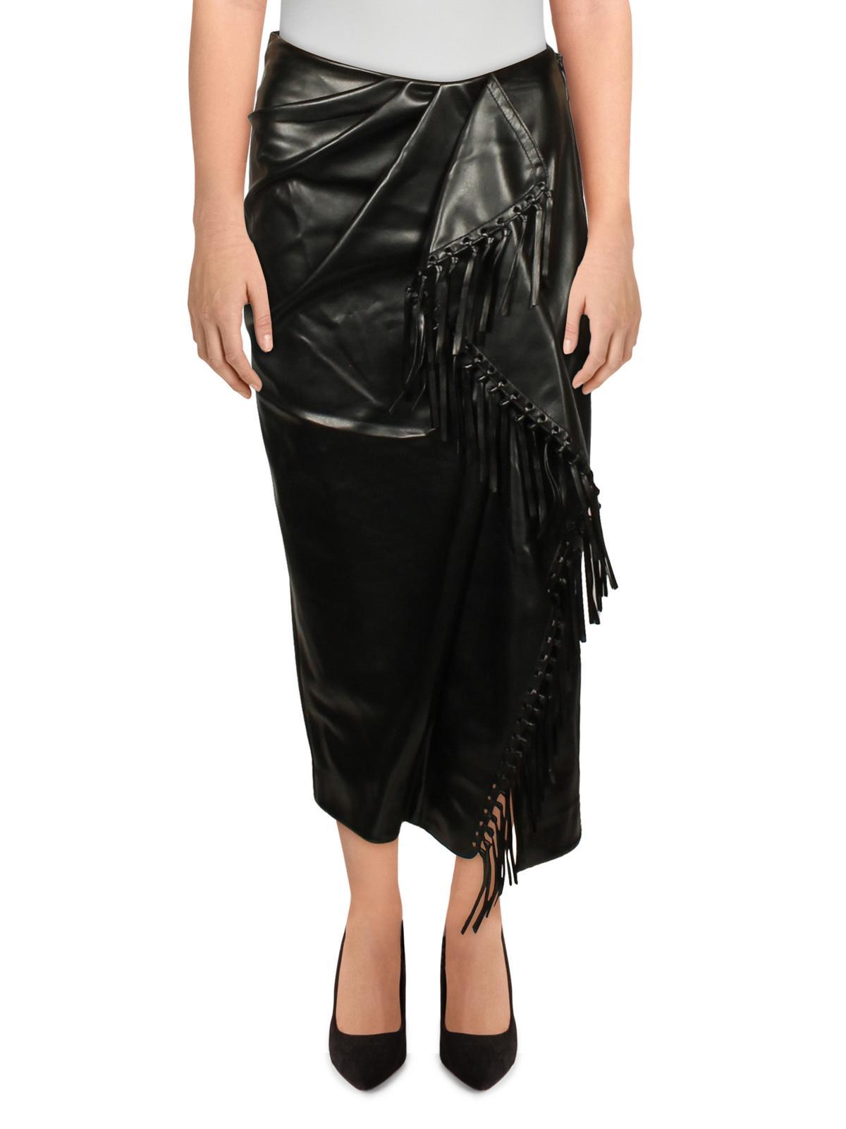 Black faux leather fringe pencil clearance skirt