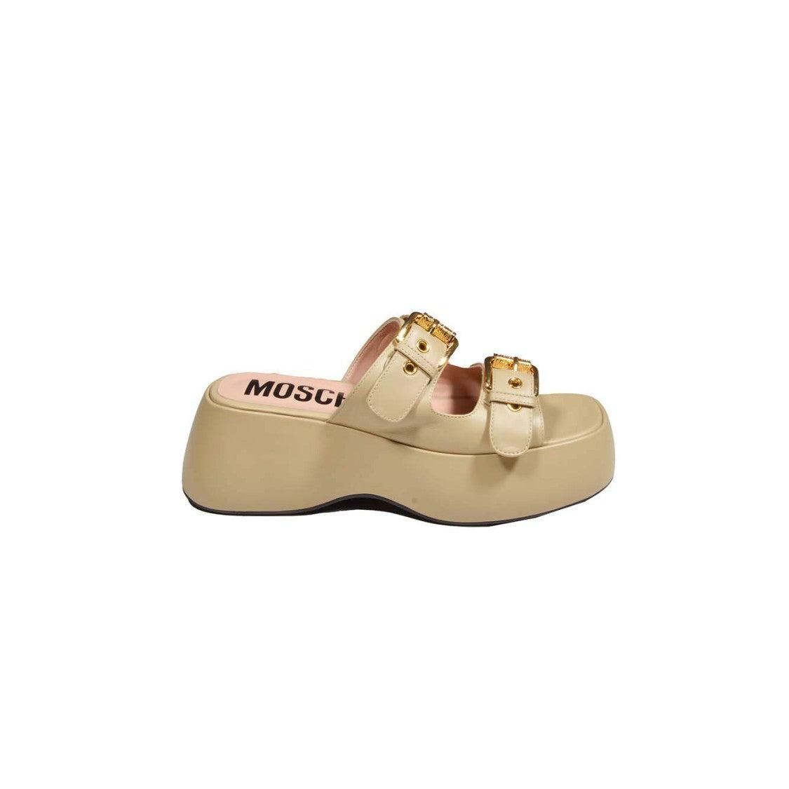 【関税＆送料込み】Moschino Beige Sandals Moschino Taglia Cloud White Leather 110mm Logo-Plaque Mules