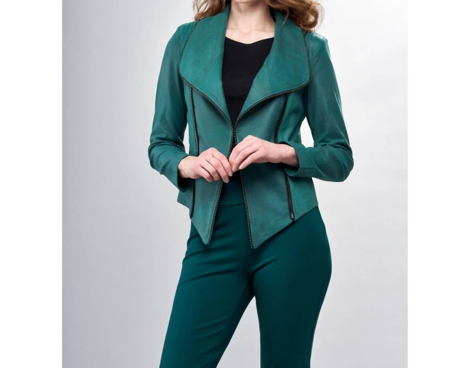 Insight Solid Vegan Leather Short Jacket With Shawl Collar & Hook & Eye  Closure In Green in Black