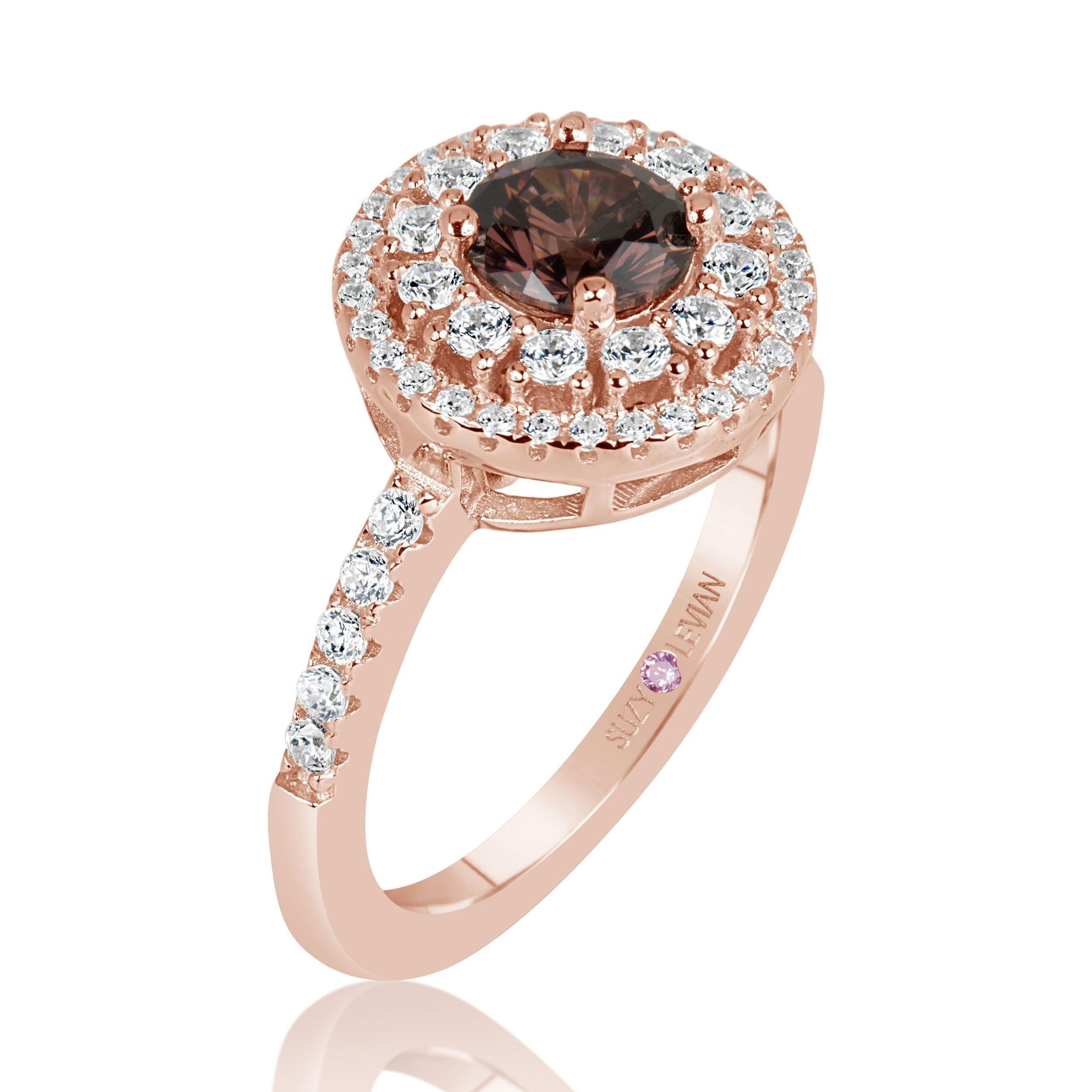 Round Cut White & Brown Cubic Zirconia Solitaire with Accent Ring in 14K White Gold Over Sterling Silver