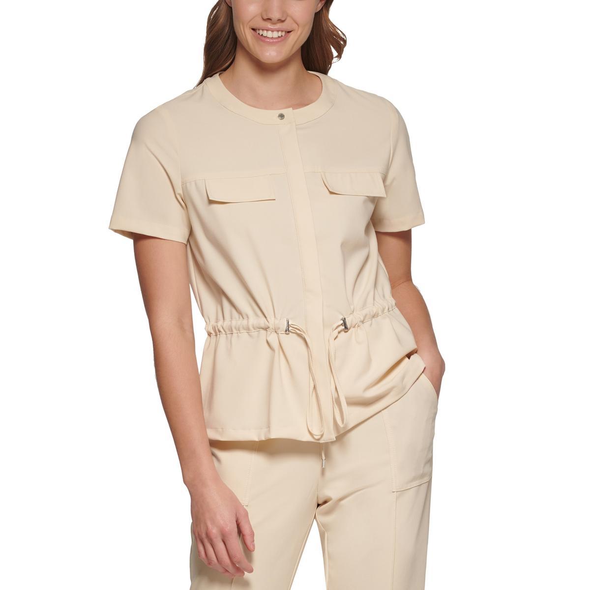 Calvin Klein Drawstring Waist Short Sleeve Button Down Top in Natural Lyst