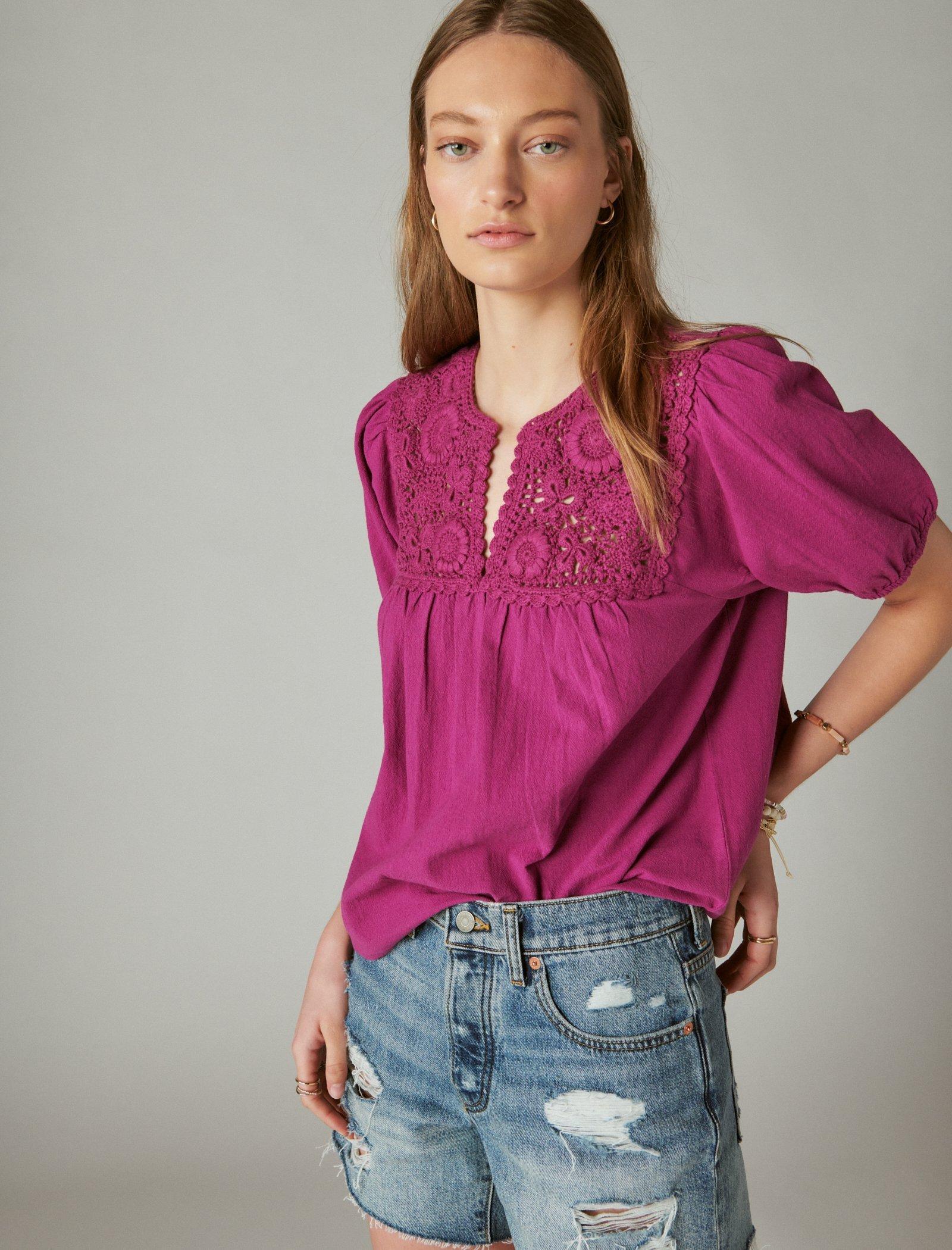 Lucky Brand Crochet Short Sleeve Peasant Top in Pink
