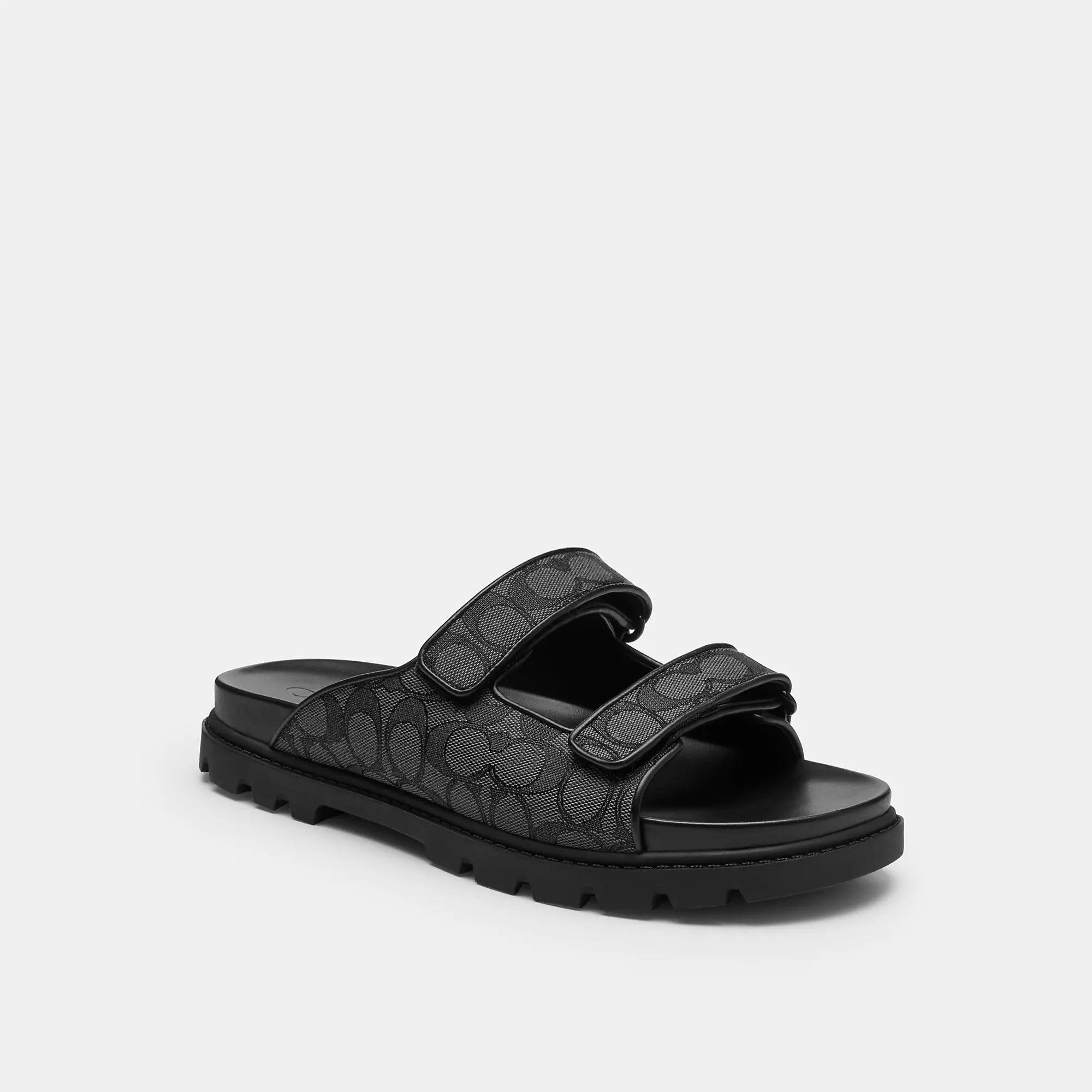 Coach Black and Gray Monogram Double-Strap Slides Coach Sandals now available main image 3