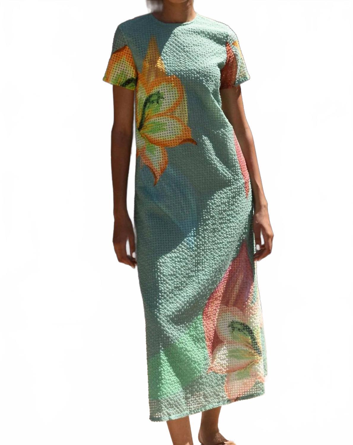 olivia munn green dress Oliphant Blue Green Puff Sleeve Square Neck Ikat Ruffle Tiered Mini Dr –  Brie main image 0