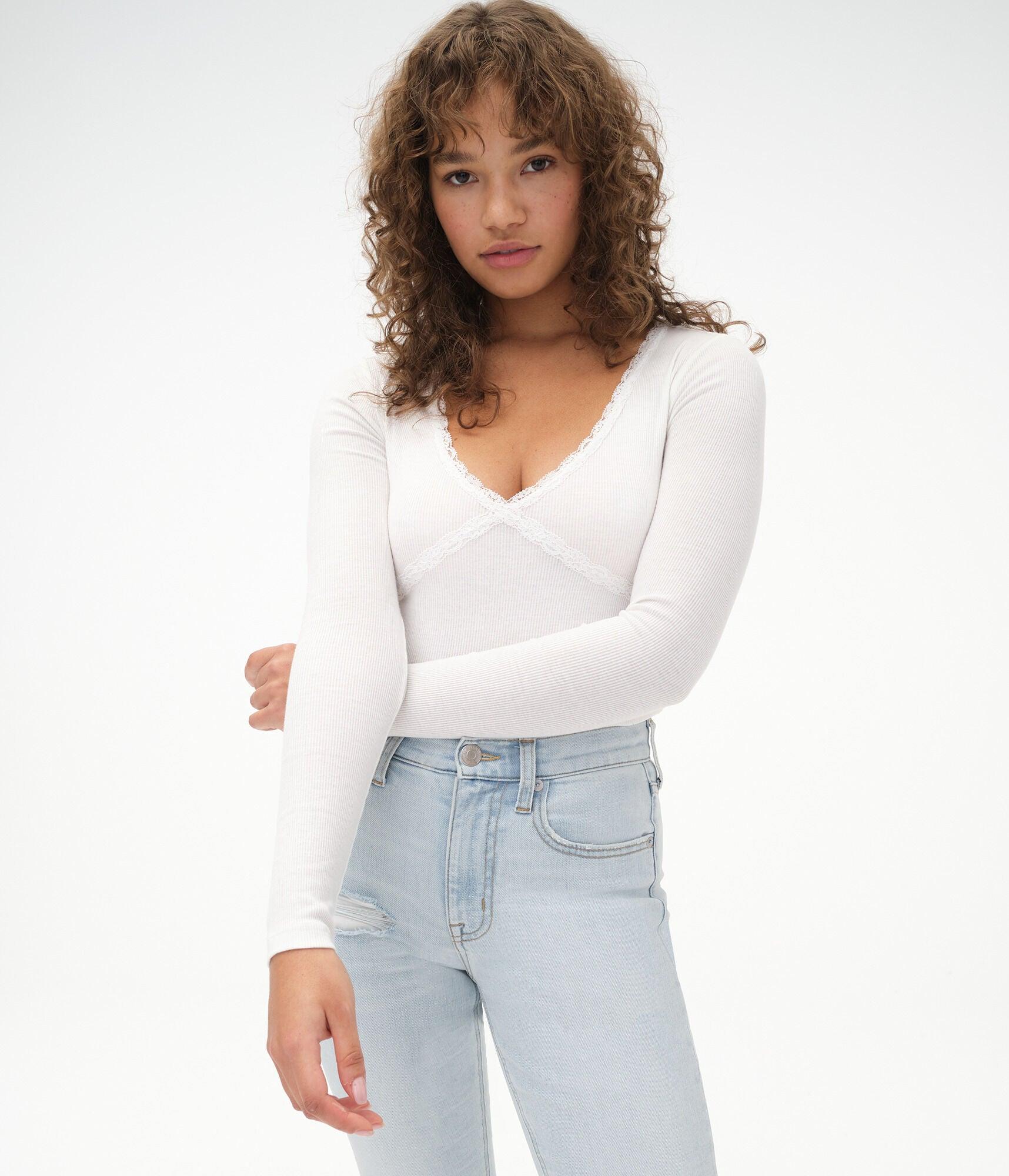 Aéropostale Long Sleeve Crisscross Lace Crop Top in White | Lyst