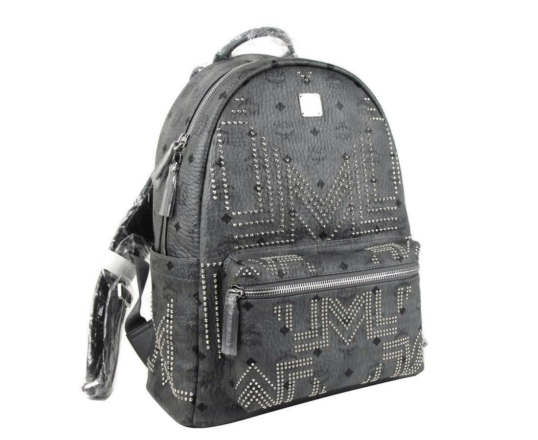 MCM Backpack Medium Studded Black Coated Canvas for Unisex