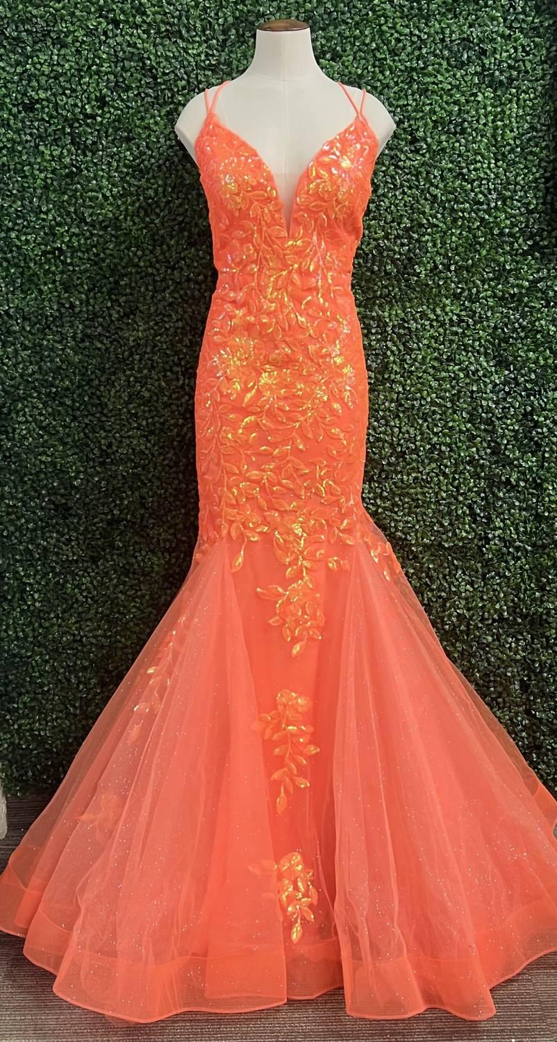strapless open back dress Amarra 94282 Size 2 Neon Orange Sequin Prom Dress Scoop Neck main image 0