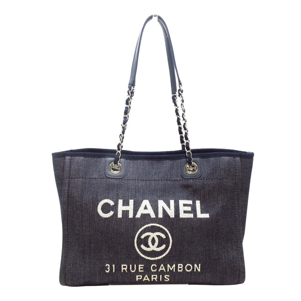 Chanel Classic Deauville Large Metallic Gold Navy Blue Denim Tote