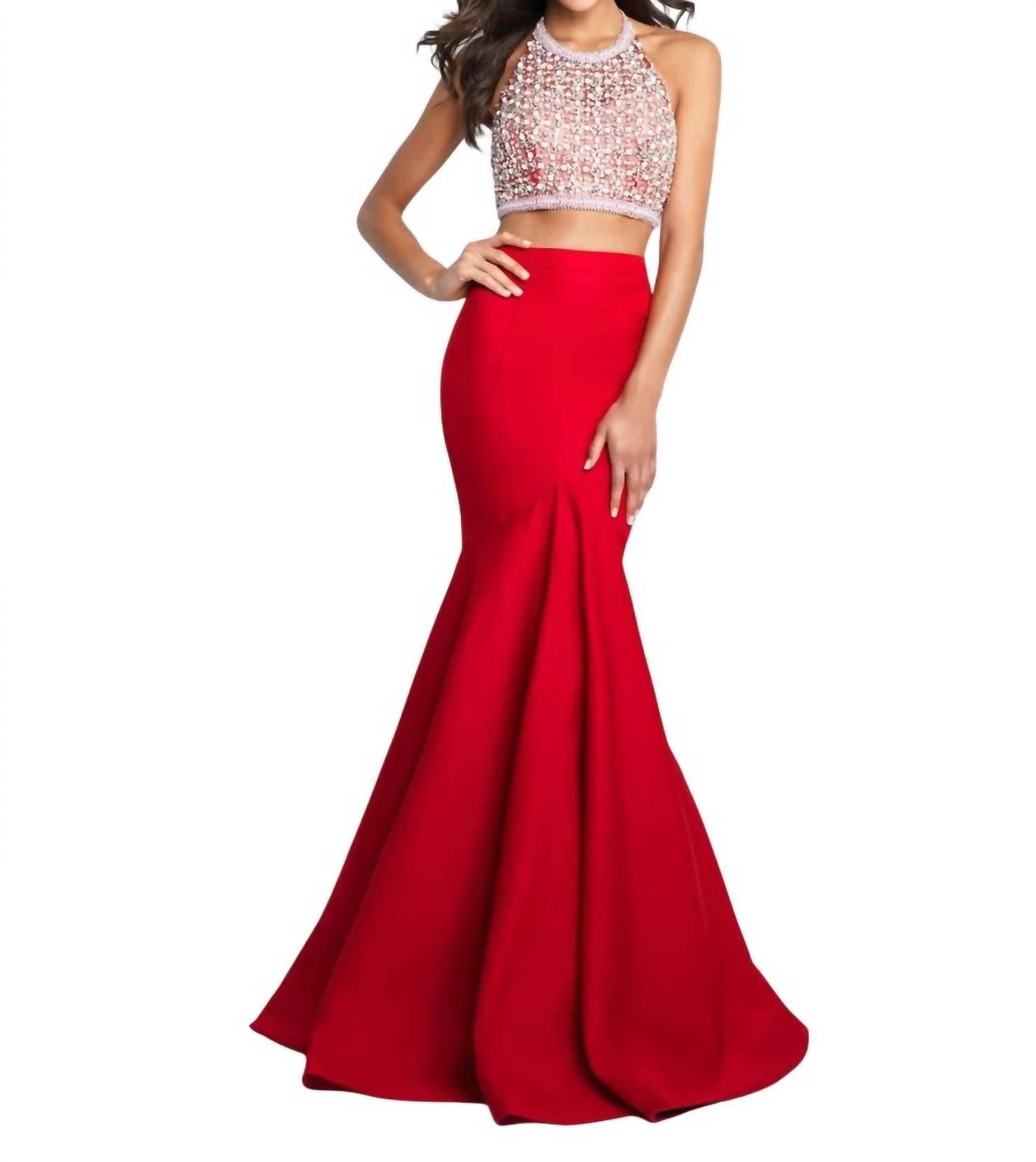 criss cross halter neck dress A Line Halter Neck 2 Pieces Lace Red Long Prom Dresses with Leg Slit, –  Shiny Party main image 0
