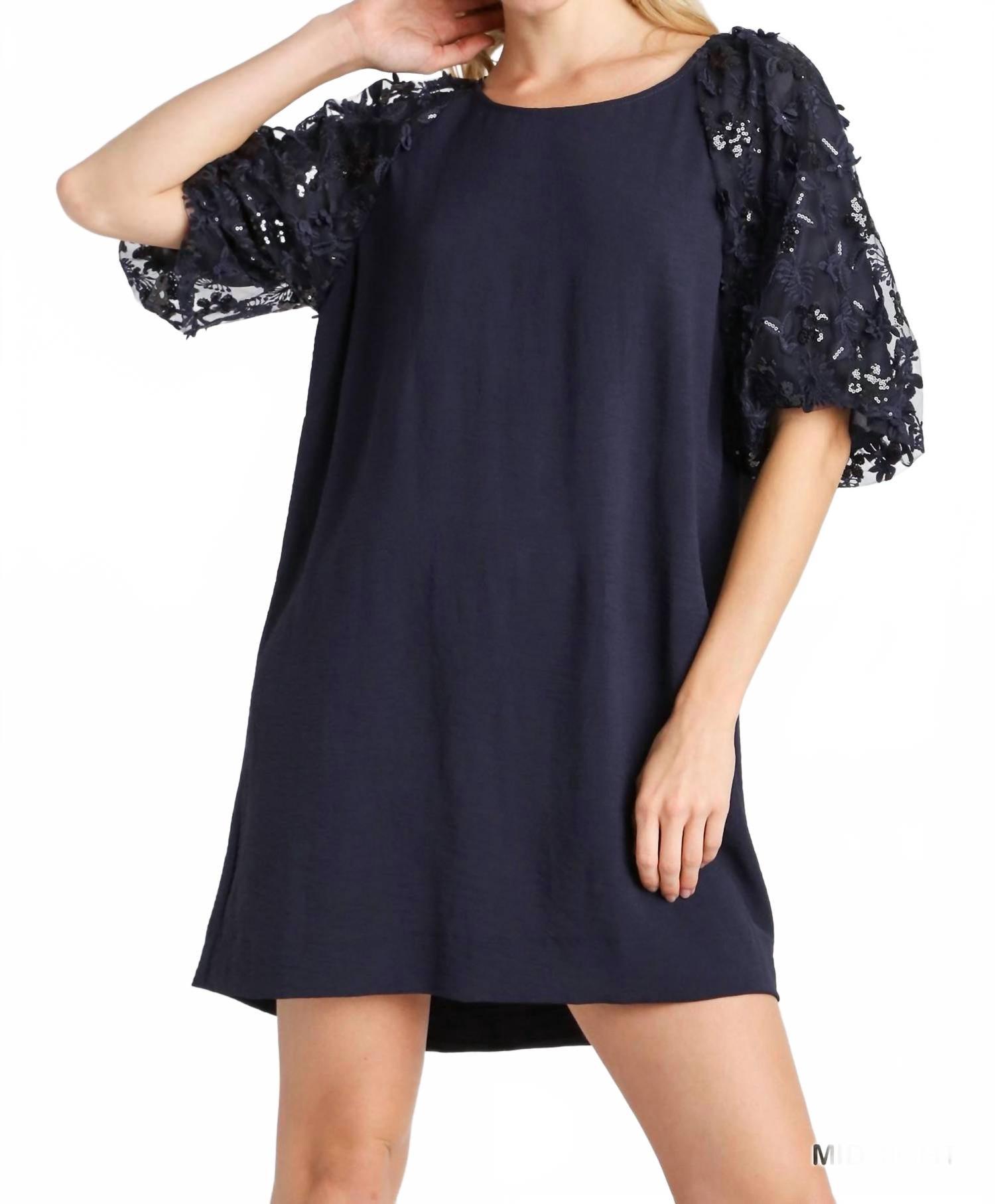 knee length dresses for ladies Umgee Lace Detail Short Puff Sleeve Mini Dress – Charming Charlie main image 0