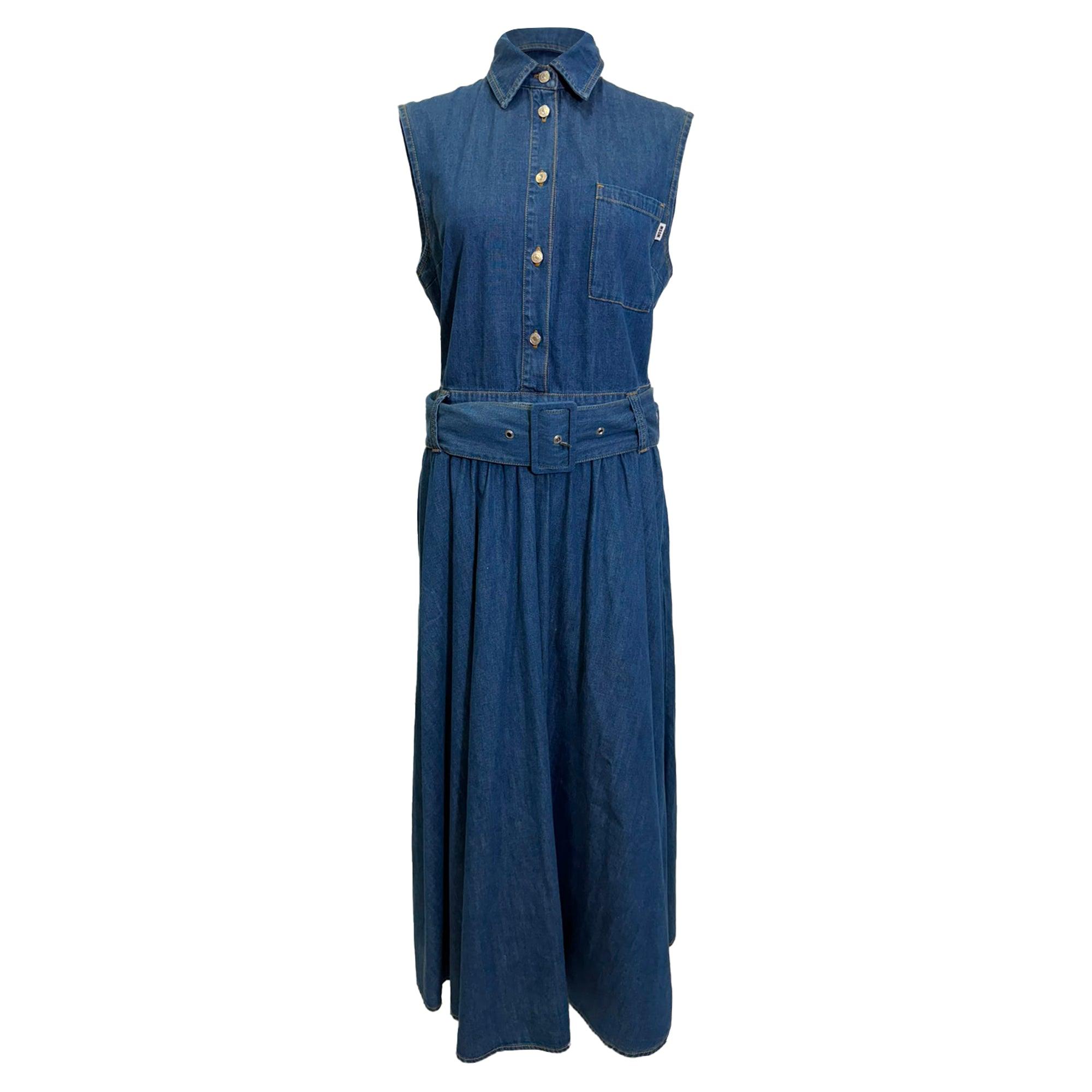 msgm denim dress MSGM Women's Denim Abito Orange Sleeveless Tie Dye Midi Dress Size 42 US 6
