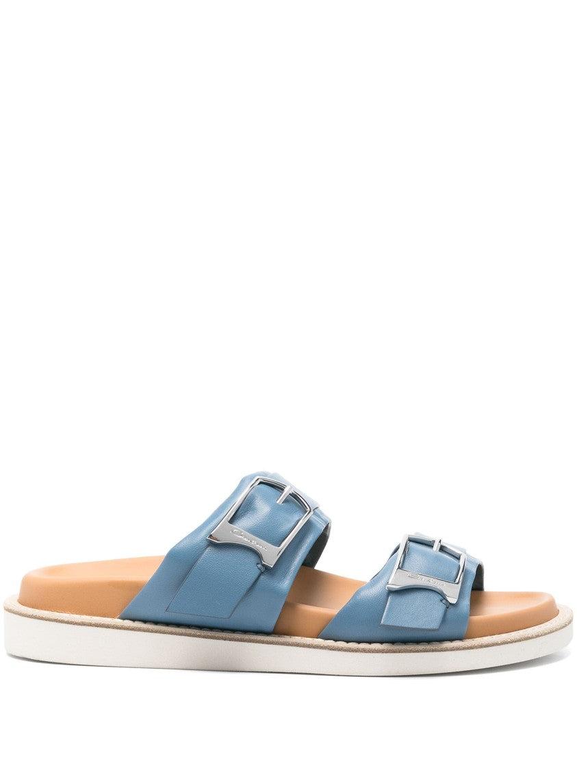 サンダル・ミュール Santoni Shell T-Bar Flat Leather Sandals Santoni Flat Leather Sandals | Blue | FARFETCH