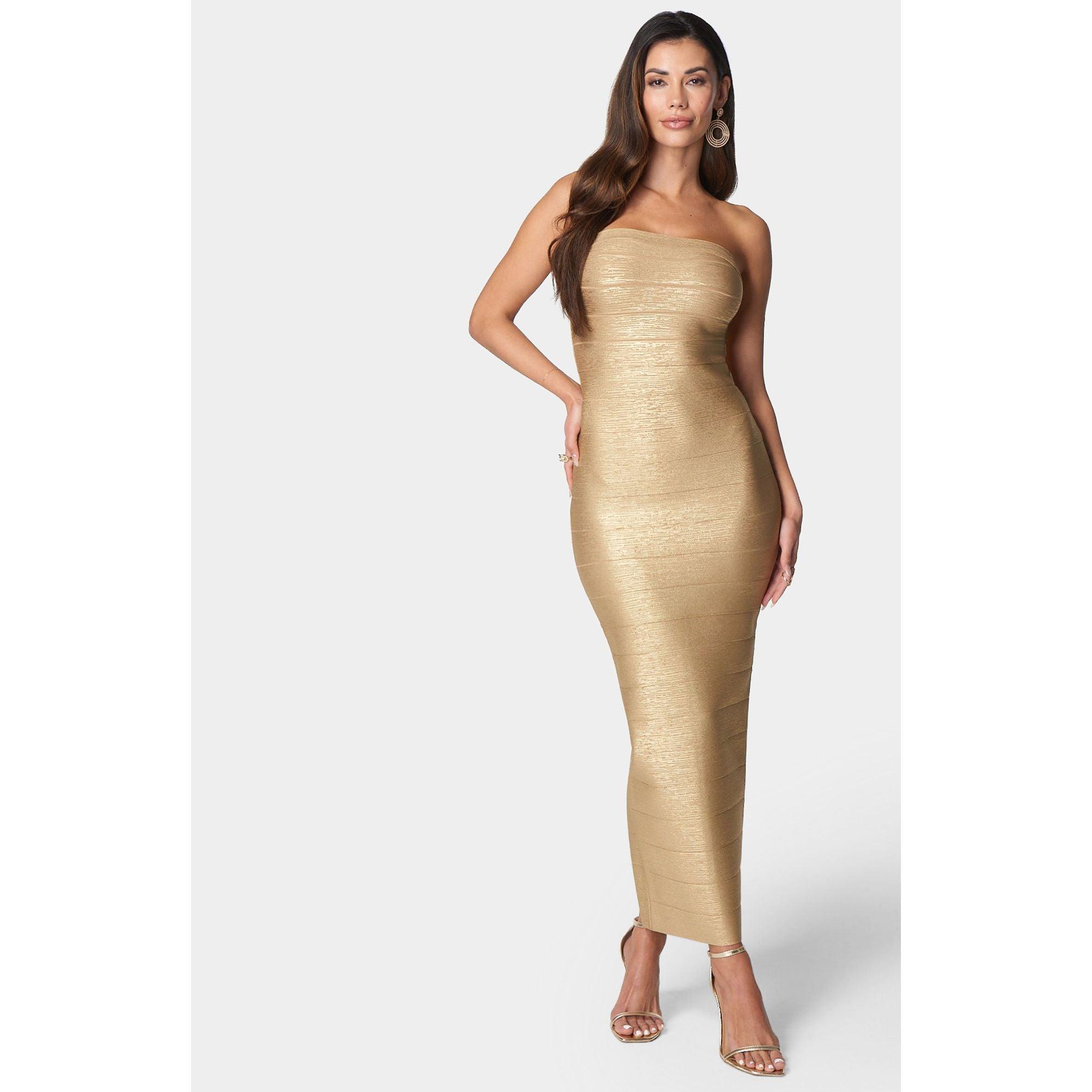Bebe Long Strapless Bandage Dress in White | Lyst