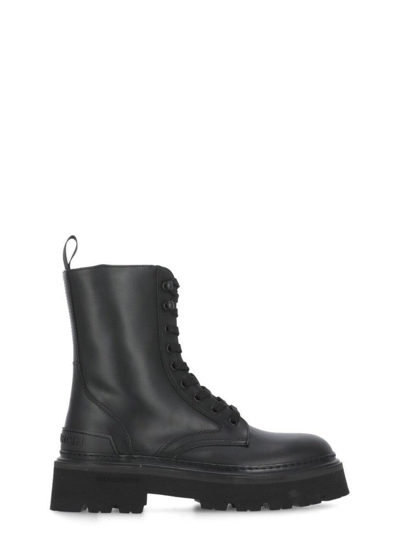 ミドルブーツ WOOLRICH Women Boots CMWFFO2533FRUWF024 W3200 Black Women's Logger Combat Boots in Leather with sheepskin lining