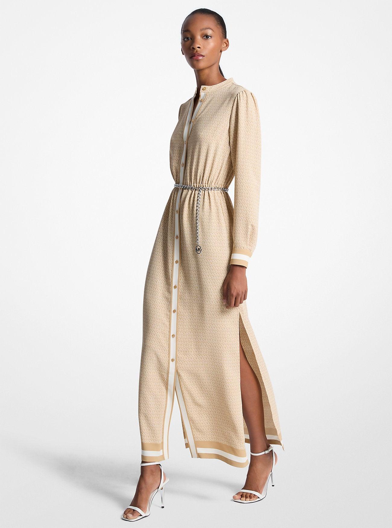 Michael Kors Outlet Logo Print Satin Belted Maxi Dress in Natural | Lyst