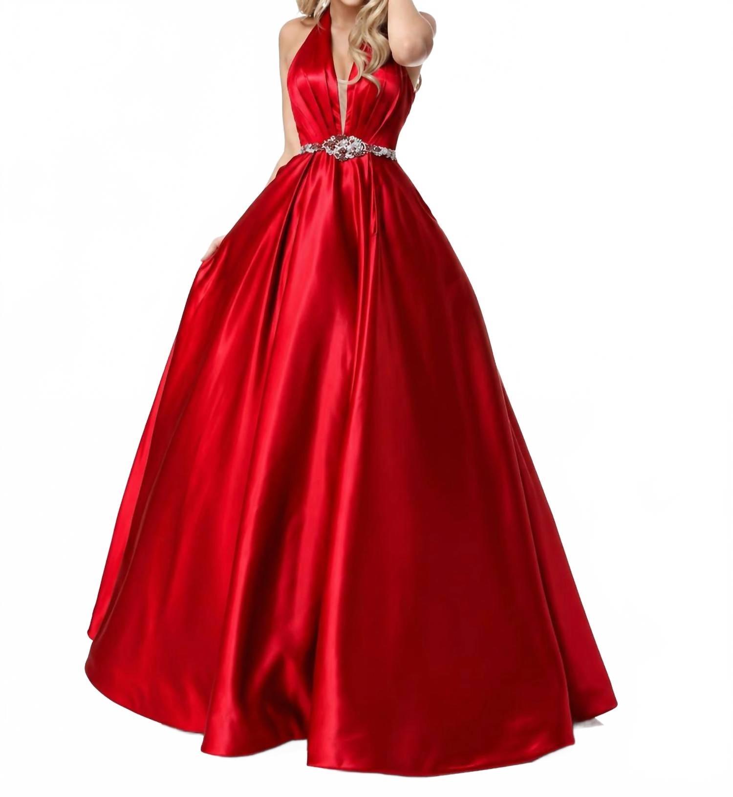 red halter top prom dress Long Halter Prom Dress with Sheer Corset– PromGirl main image 0
