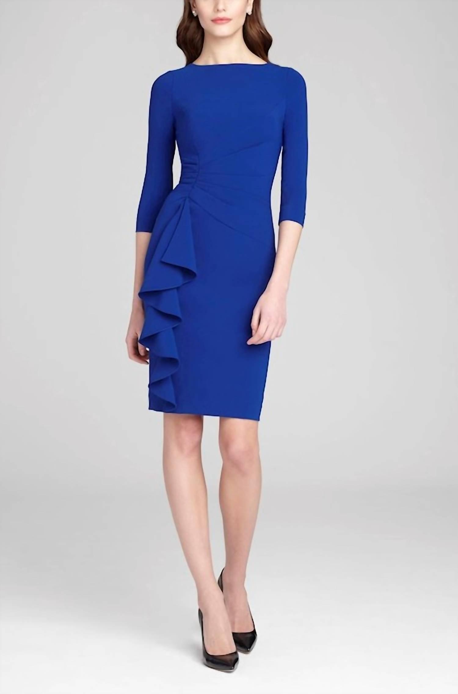 Teri Jon Black Elb Sleeve Side Ruffle Dress in Blue Lyst