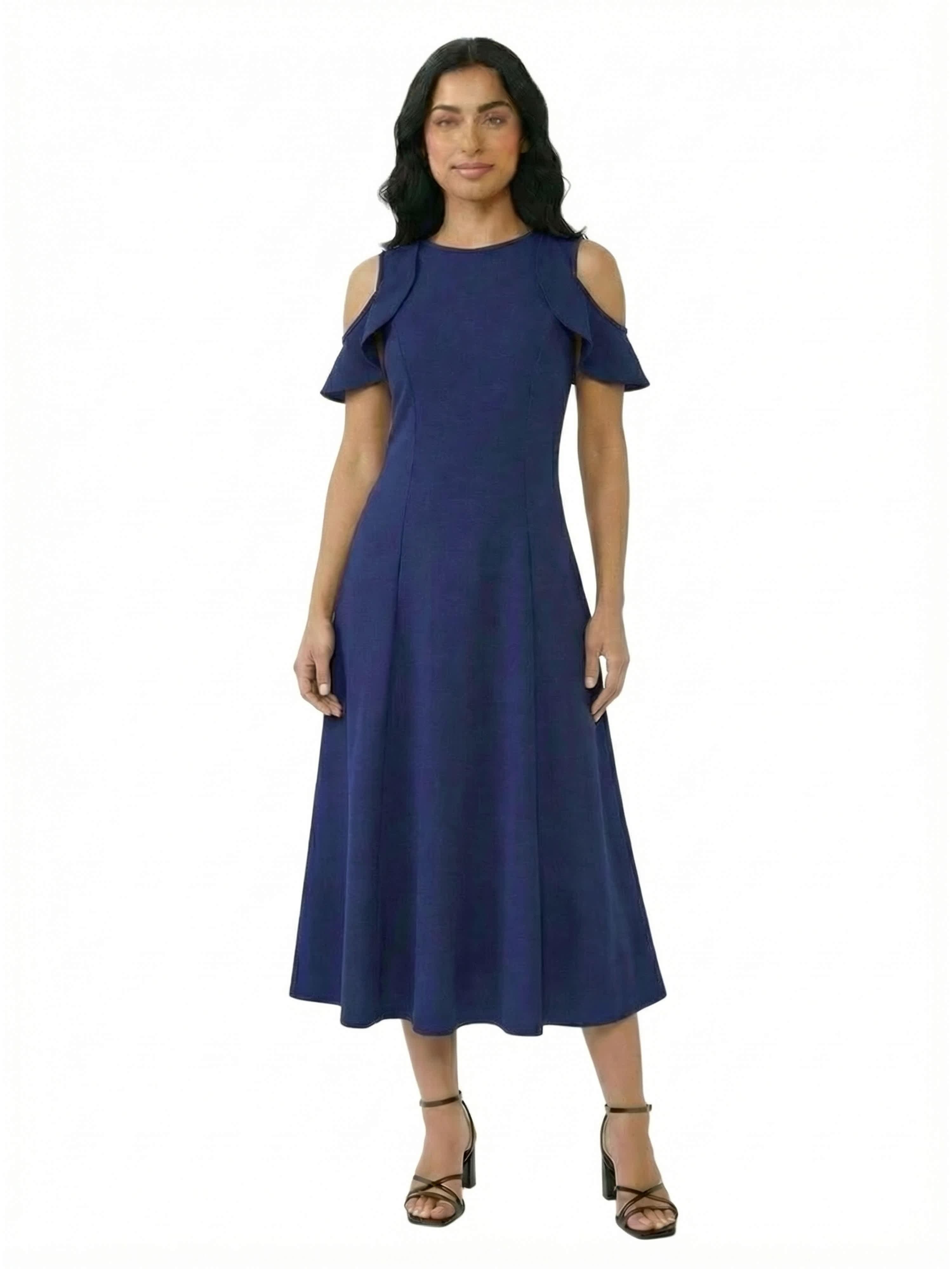 blue cold shoulder dress Sparkling V-Neck Floral Cold-Shoulder Pleated Evening Dress