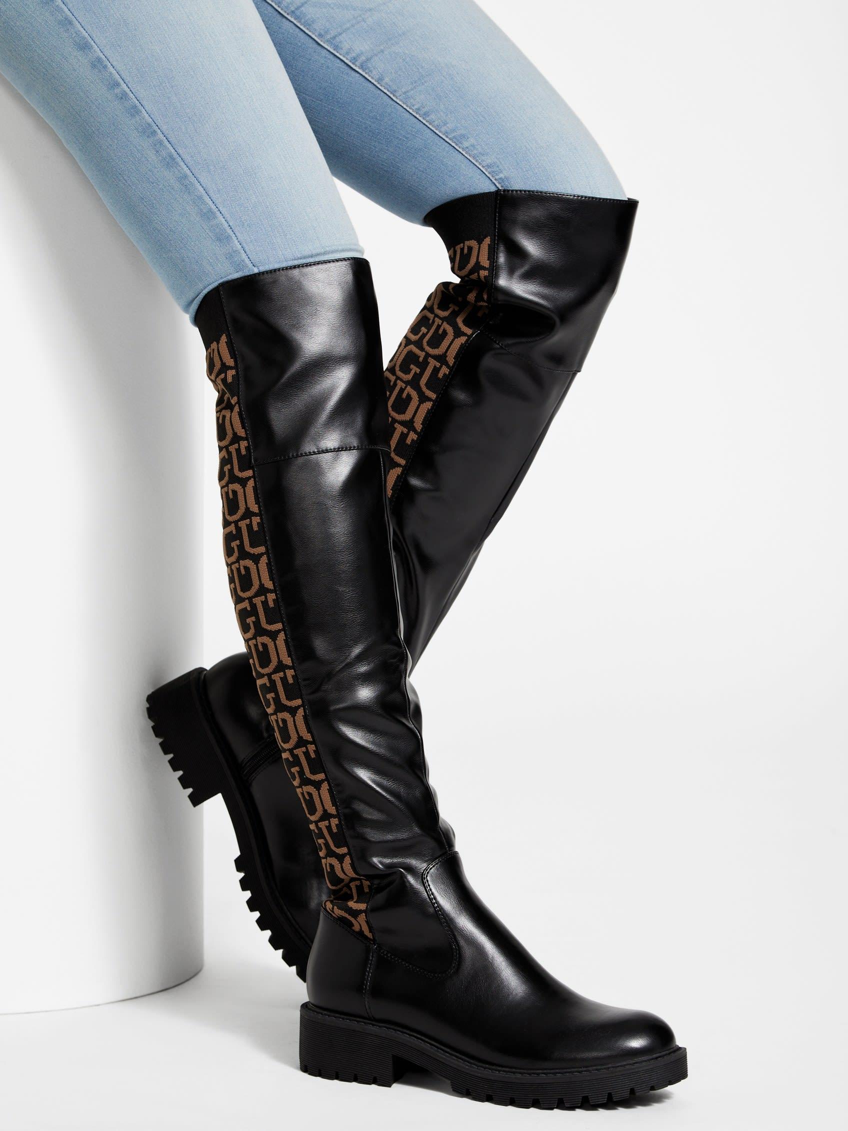 Guess Factory Tall Logo Boots in Black | Lyst