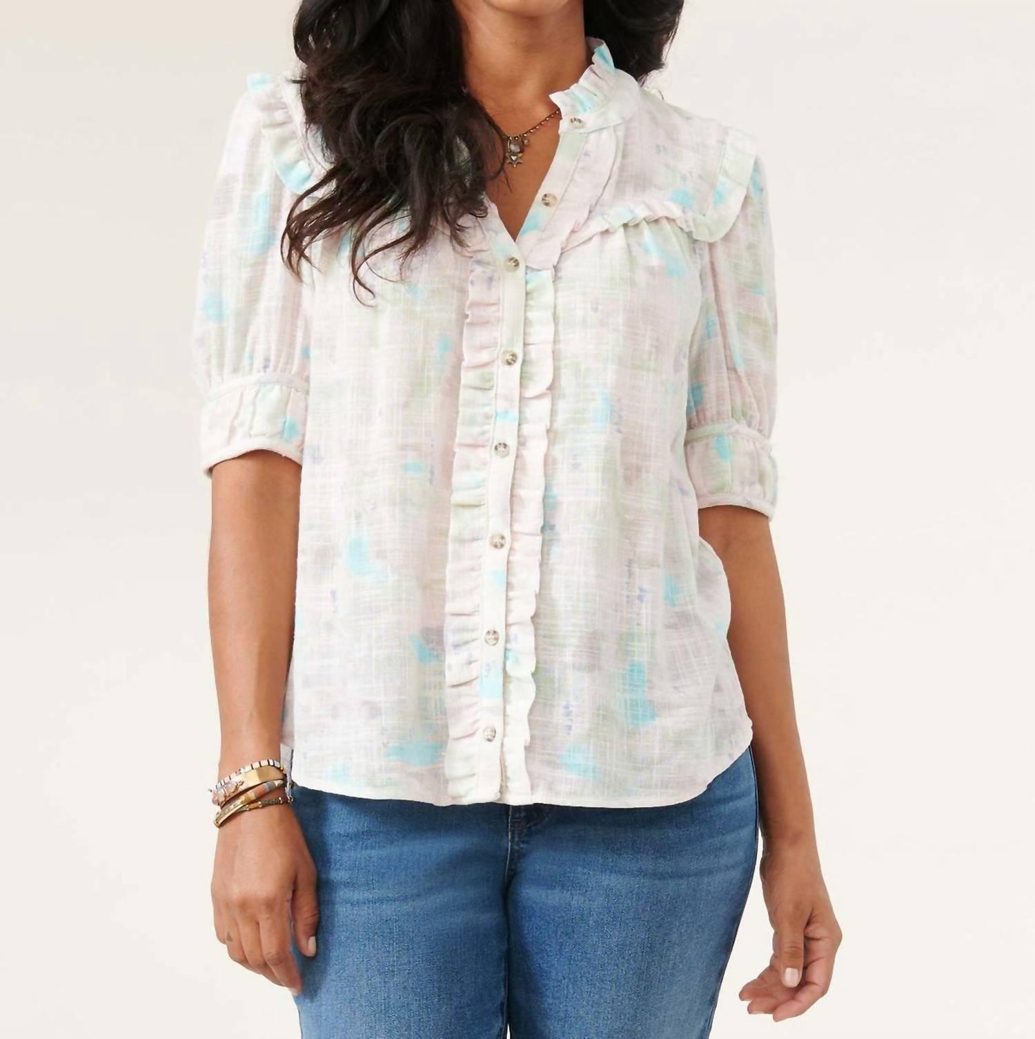 Democracy Elbow Sleeve Ruffle Neck Printed Button Down Woven Shirt