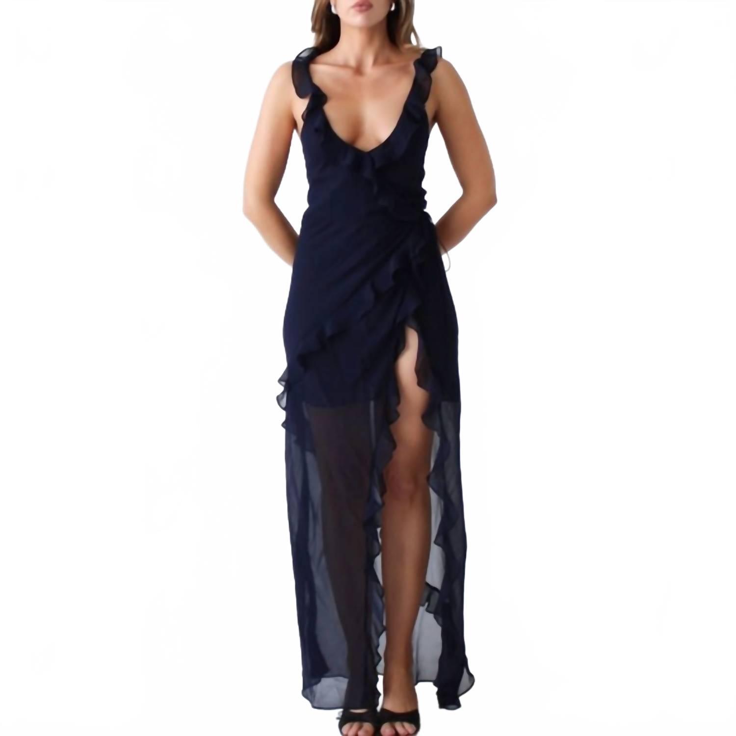 knee length dresses for ladies Scarlette Sleeved Midi Dress in Navy Blue/Red Poppy Print main image 0