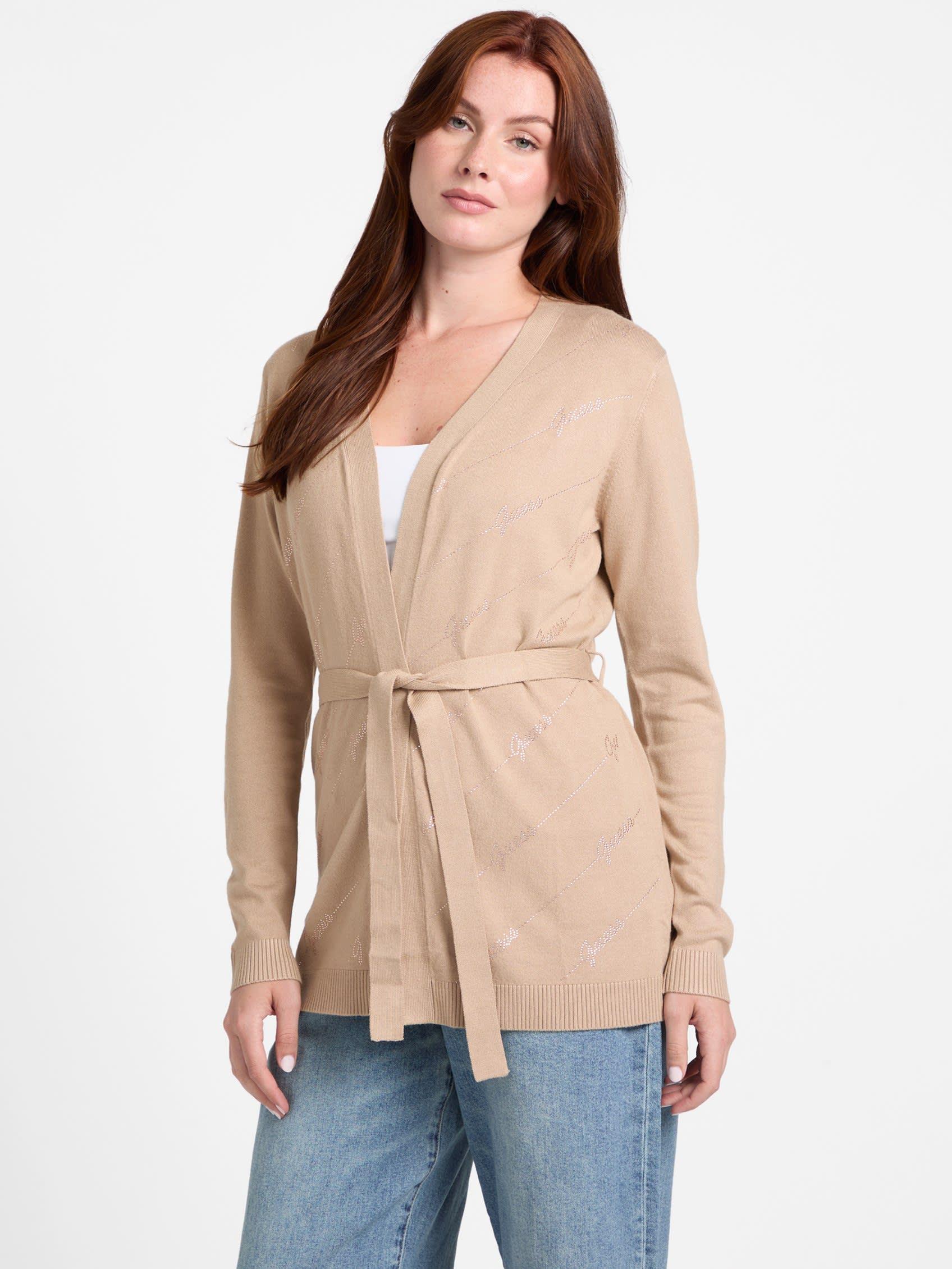 Guess Peggy Logo Rhinestone Cardigan in Natural | Lyst