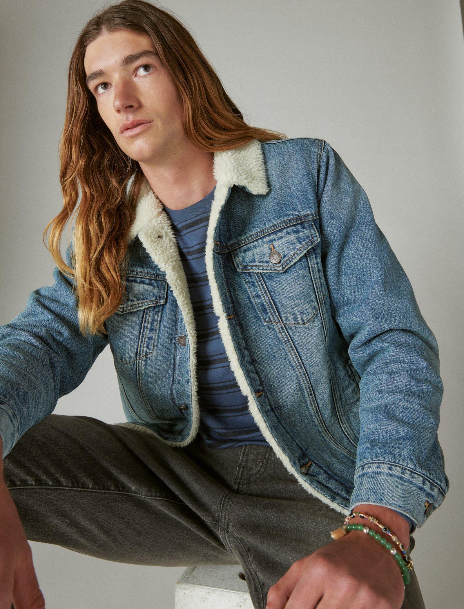Lucky Brand Faux Shearling Lined Denim Trucker Jacket in Blue for