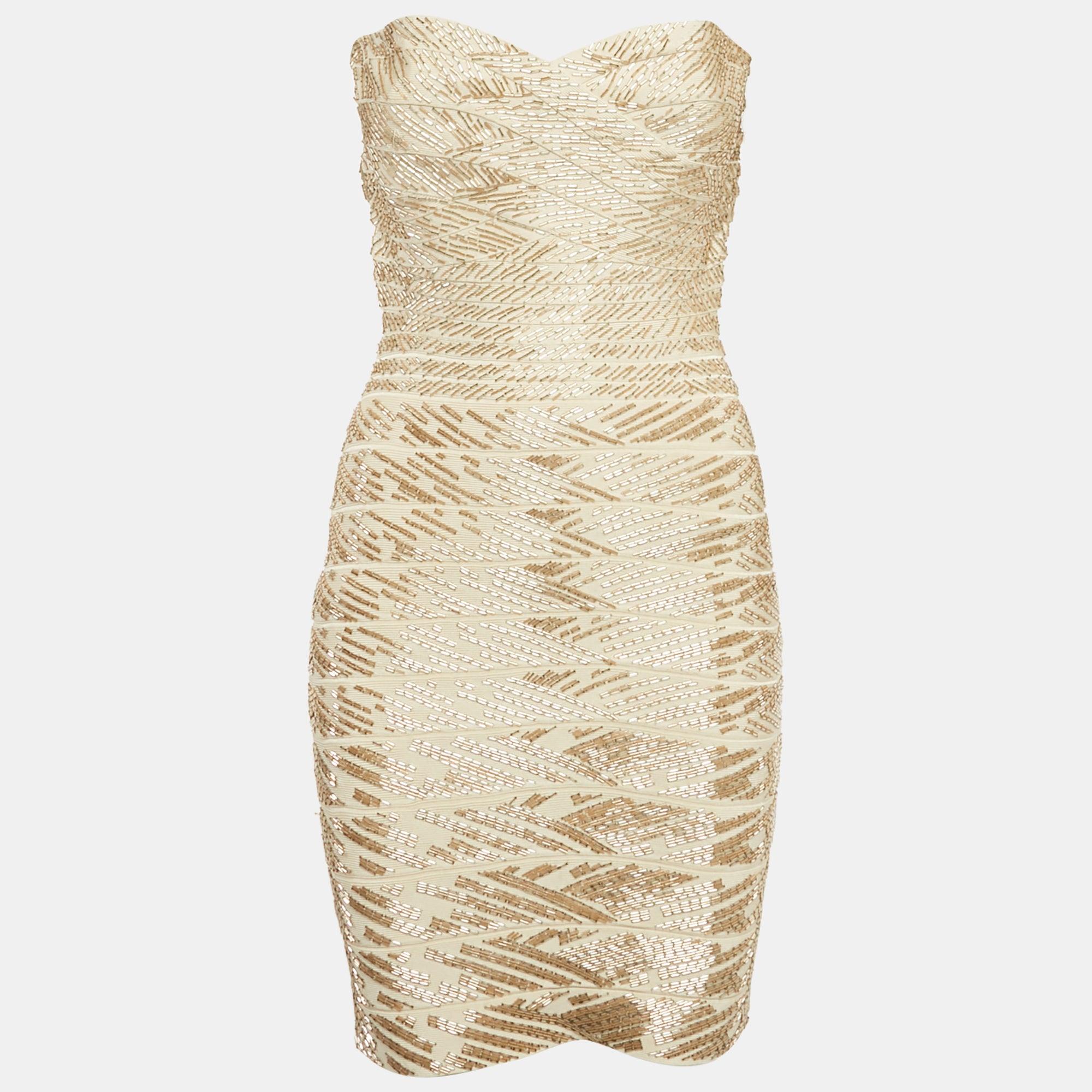 herve leger gold mini dress Hervé Léger Kaitlyn Bandage Dress with Gold Sequins Size XS main image 0