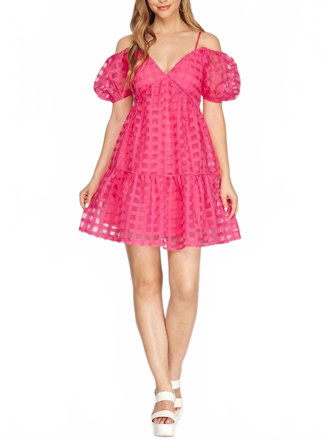 she + sky pink dress She+Sky Magenta Shoulder Pad Square Neck Ruffle Dress