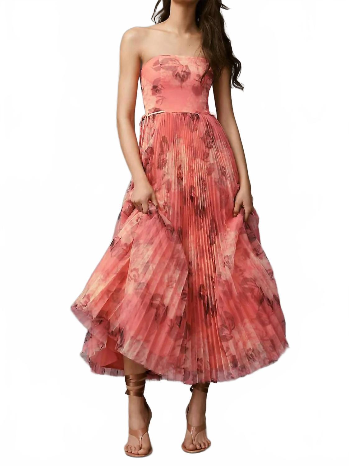Hutch Costella Strapless Pleated Floral Tulle Midi Dress in Red | Lyst