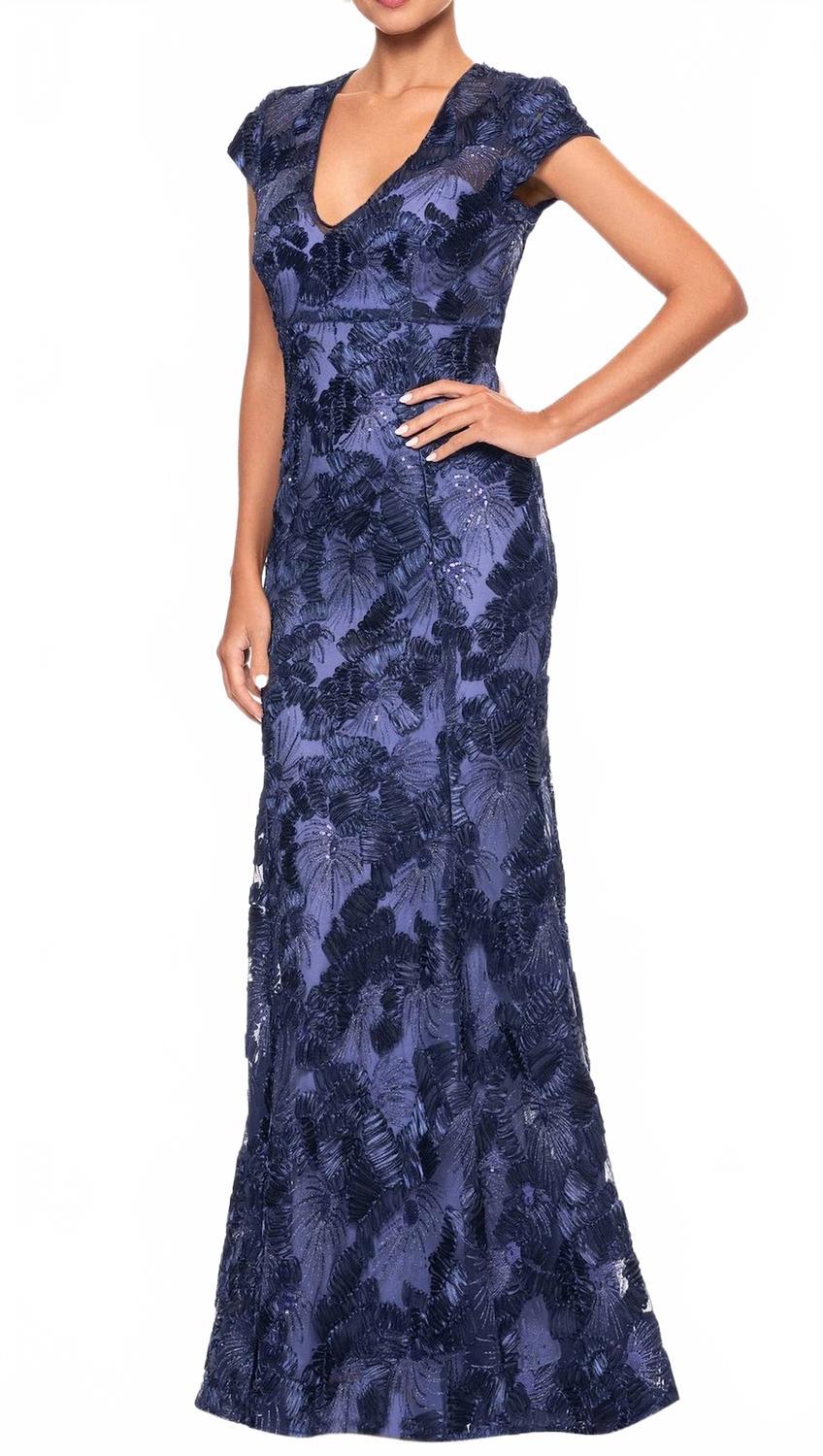 Betsy & Adam Flower Embroidered Cap Sleeve Gown in Blue | Lyst