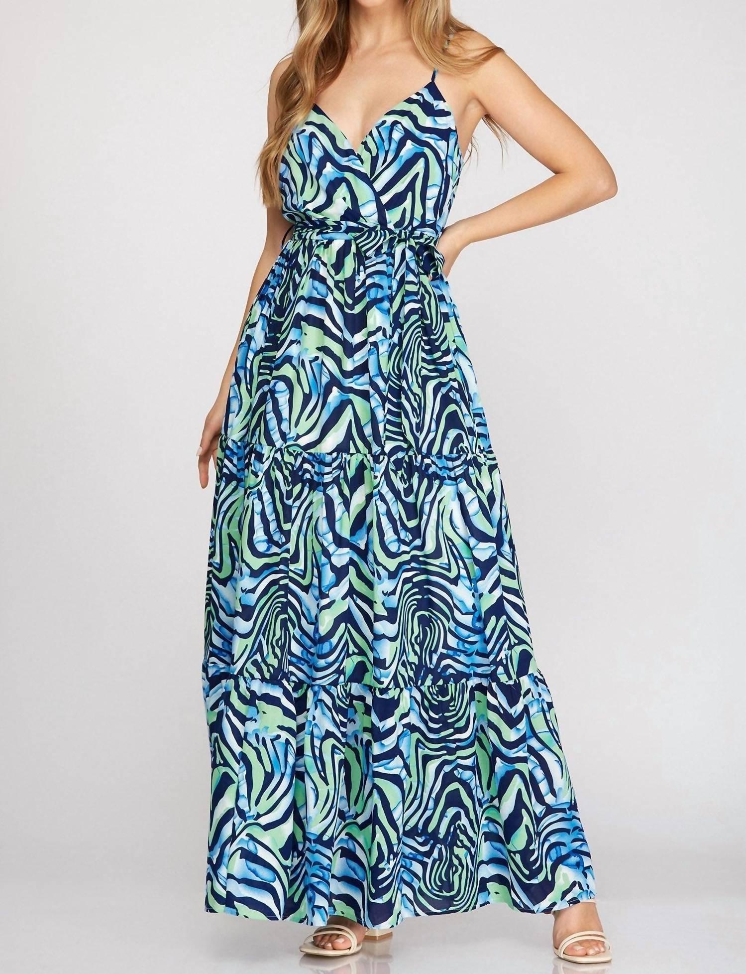 She + Sky Surplice Cami Printed Woven Tiered Maxi Dress In Navy in