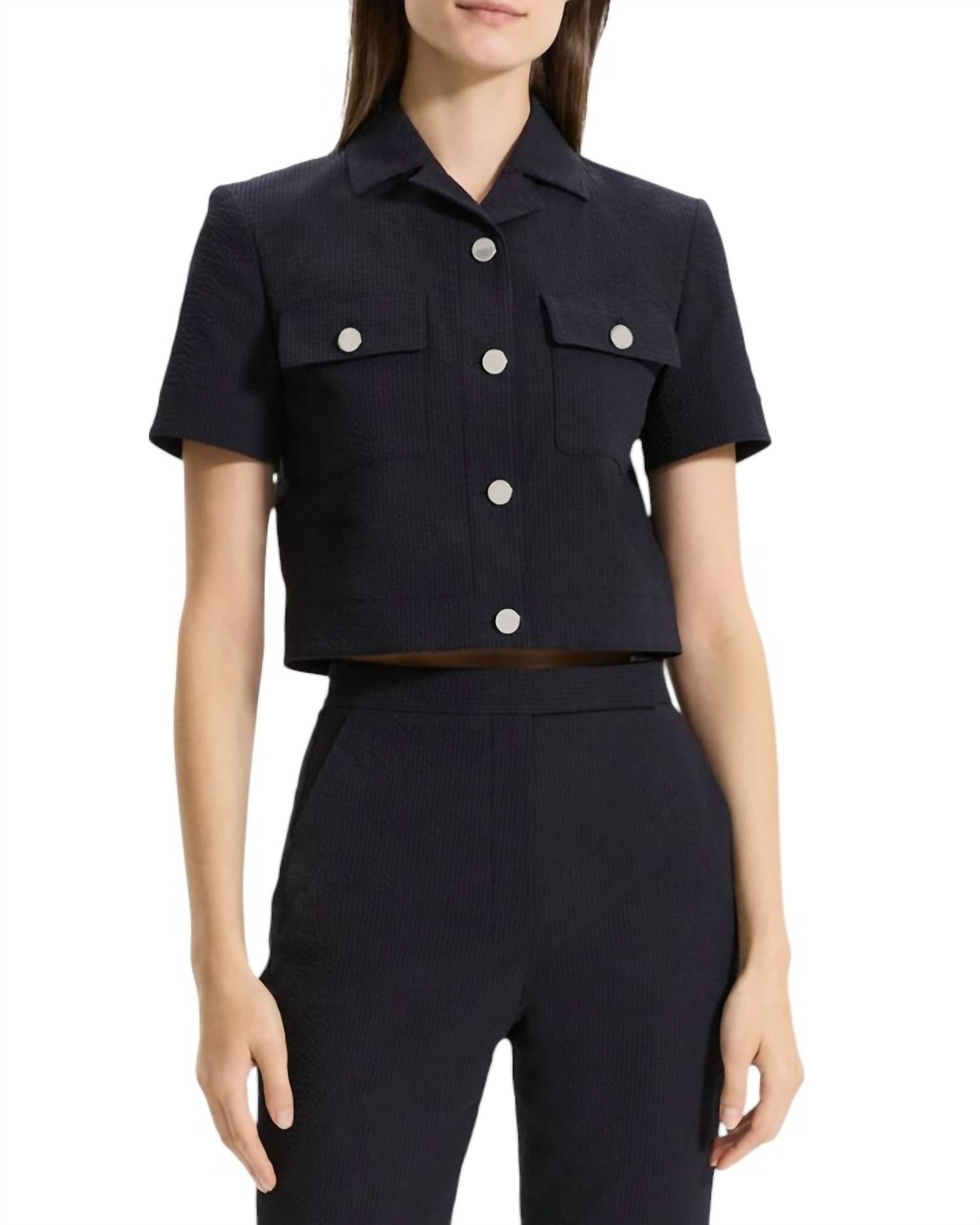 Theory Seersucker Cropped Short Sleeve Jacket in Black | Lyst