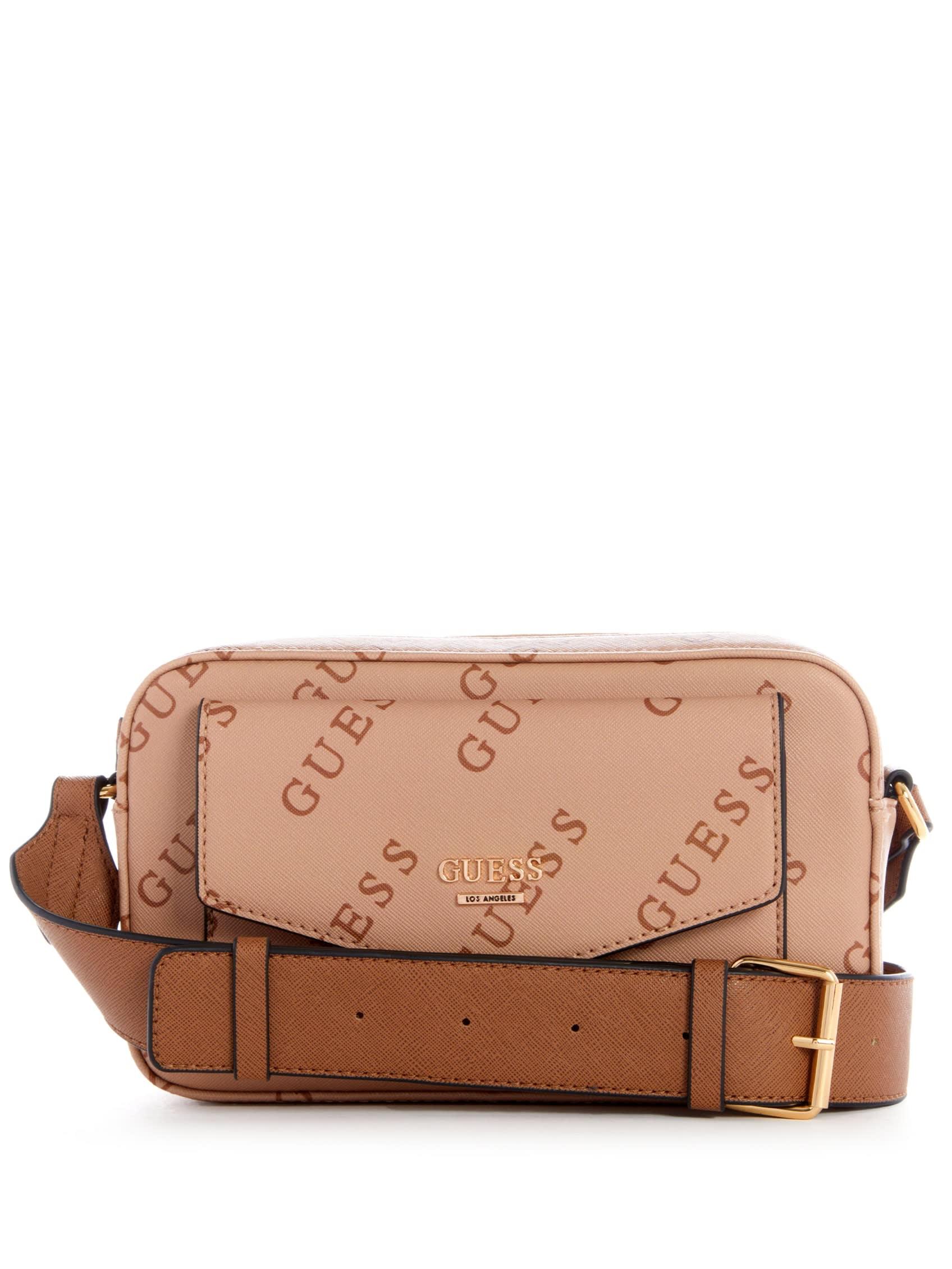 Guess Rea Mini Camera Large Signature Logo Crossbody Bag - Brown Logo