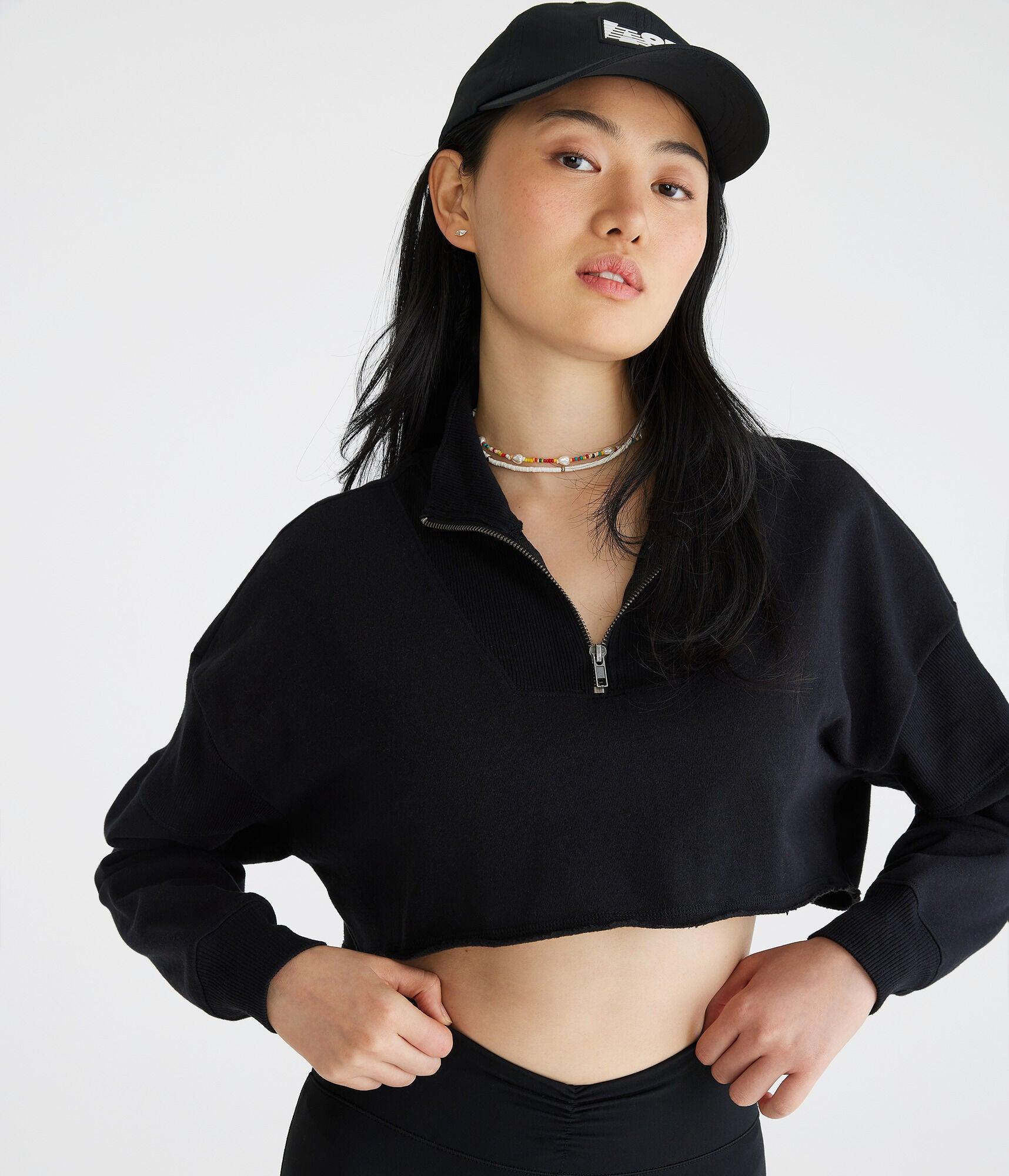 Aéropostale Ribbed Cropped Half-zip Sweatshirt in Black