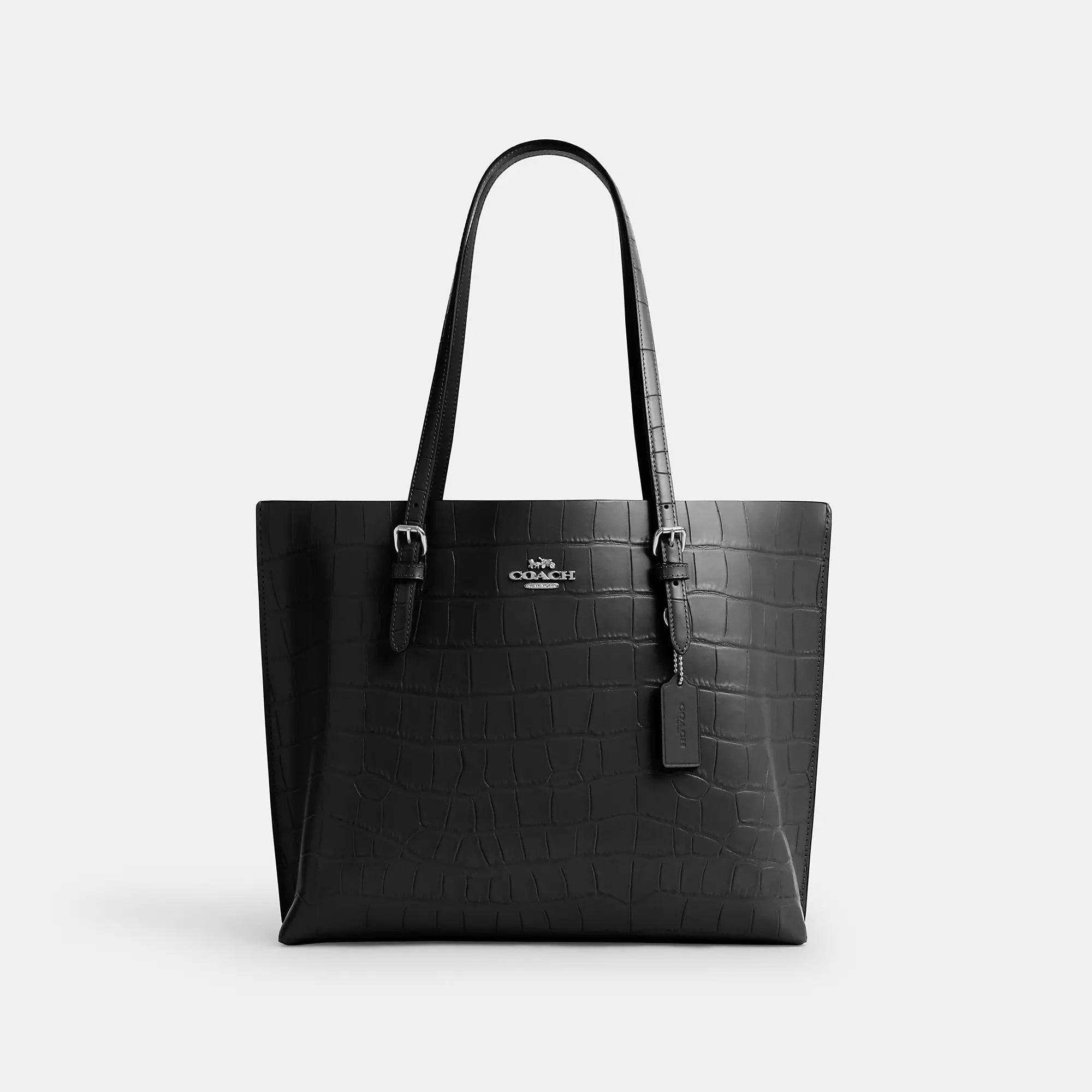 バッグ Coach Crocodile Embossed Tote Bag Black Coach Large Crocodile Embossed Leather Handbag Tote (Black