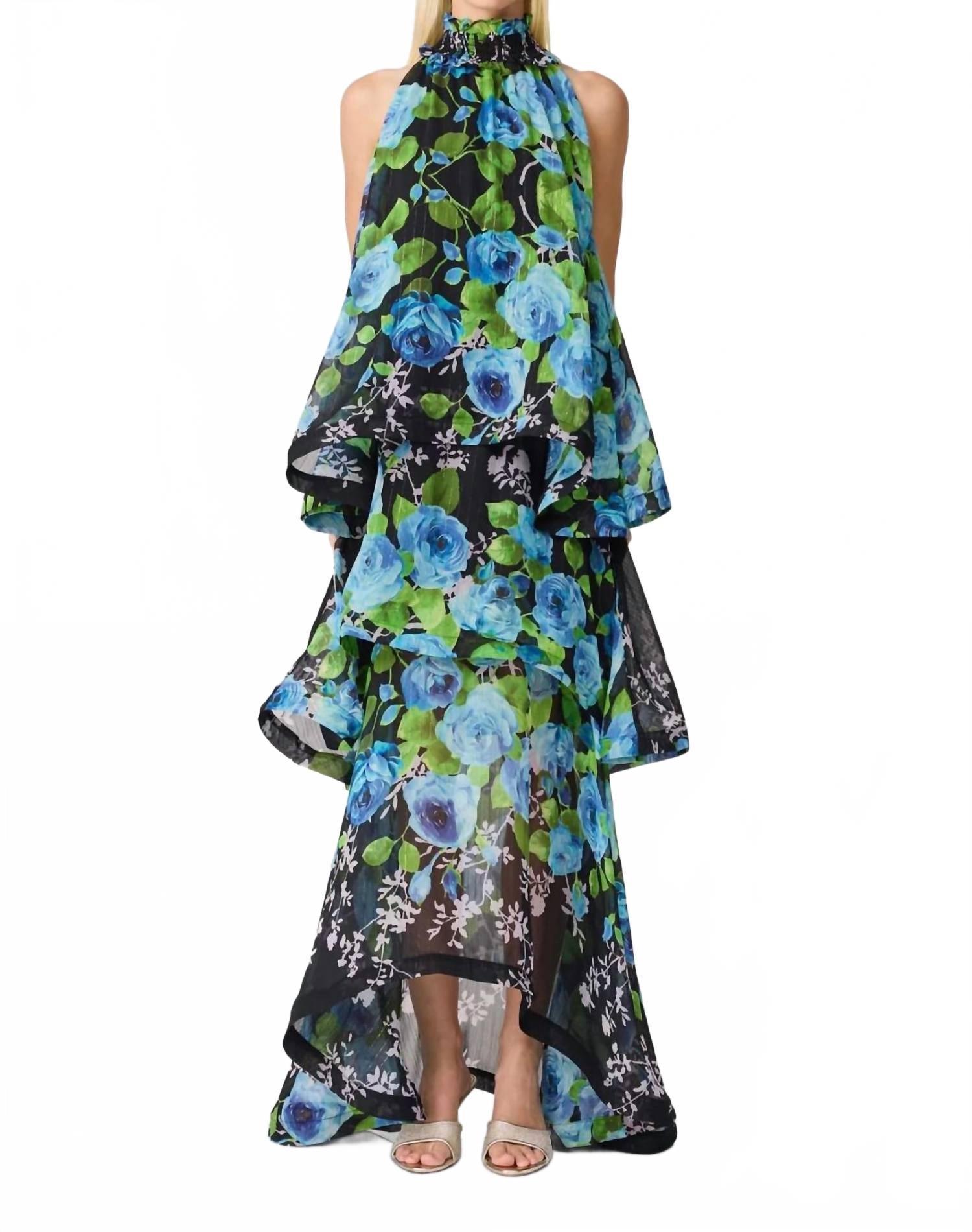 slim fit dress slacks Elysia Tiered Gown in Black & Green Floral main image 1