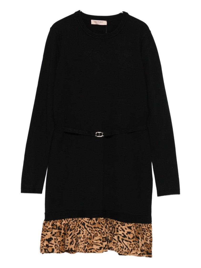 Twinset Ruffled Hem Dress With Animal Print Detail in Black Lyst