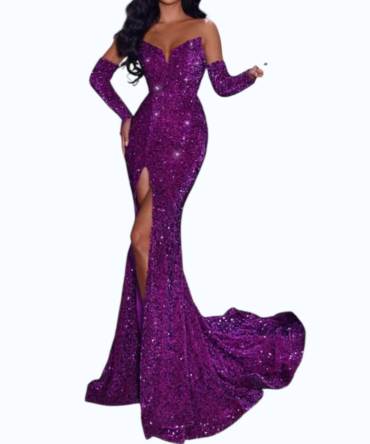 glitter ruched thigh slit party dress Ruched One-Shoulder Long Sequin Prom Dress main image 1
