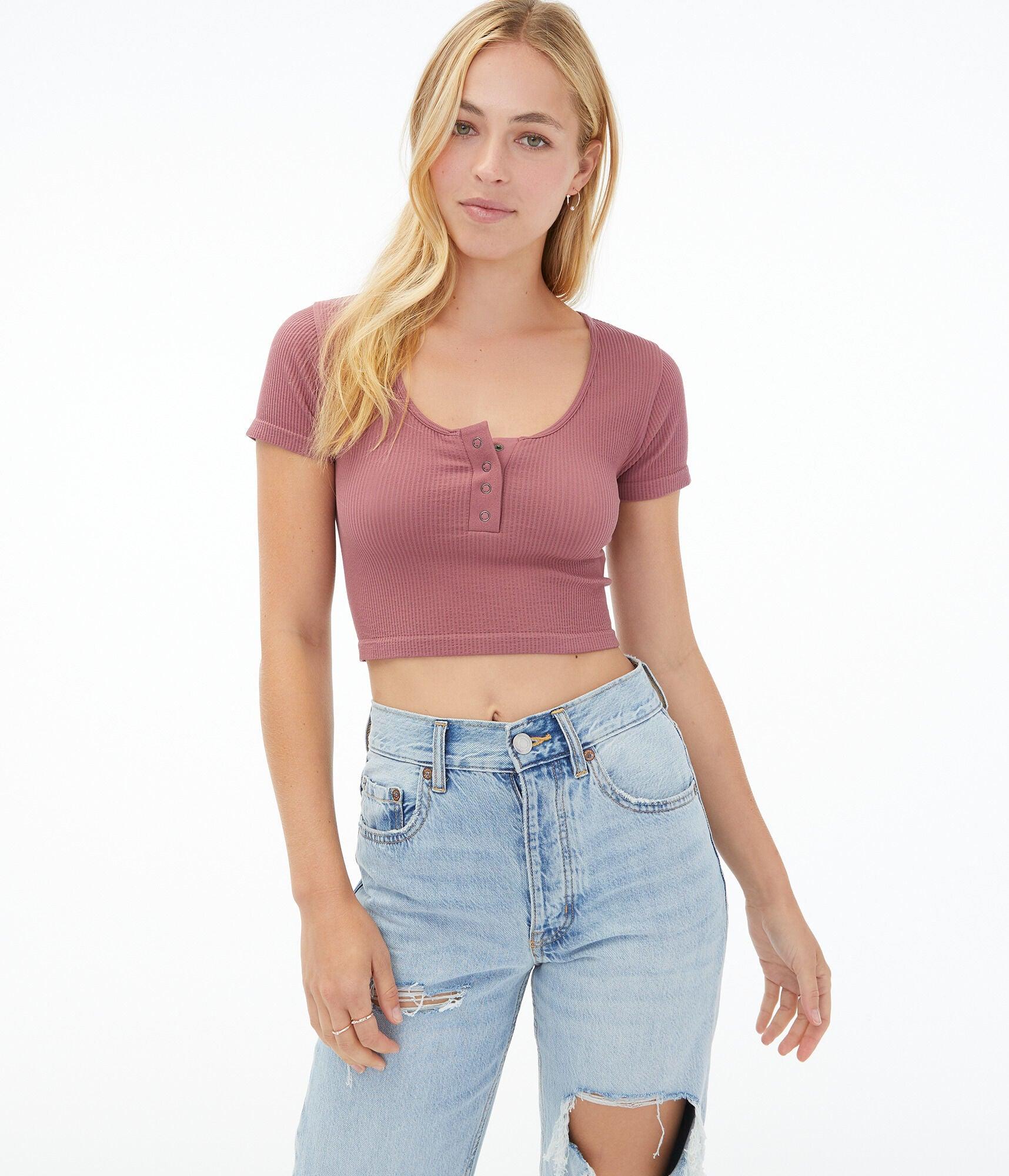 Aéropostale Seriously Soft Seamless Cropped Snap Henley in Blue