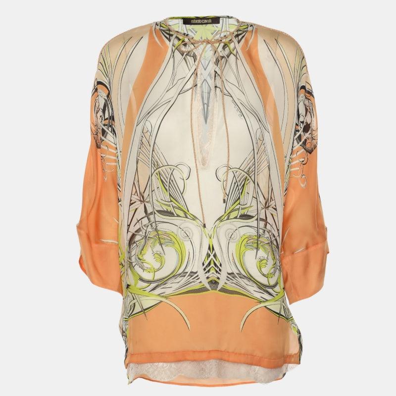 Blouse En Soie Roberto Cavalli – Motif Floral, Col En V, Taille S, Multicolore (occasion Très Bon état)