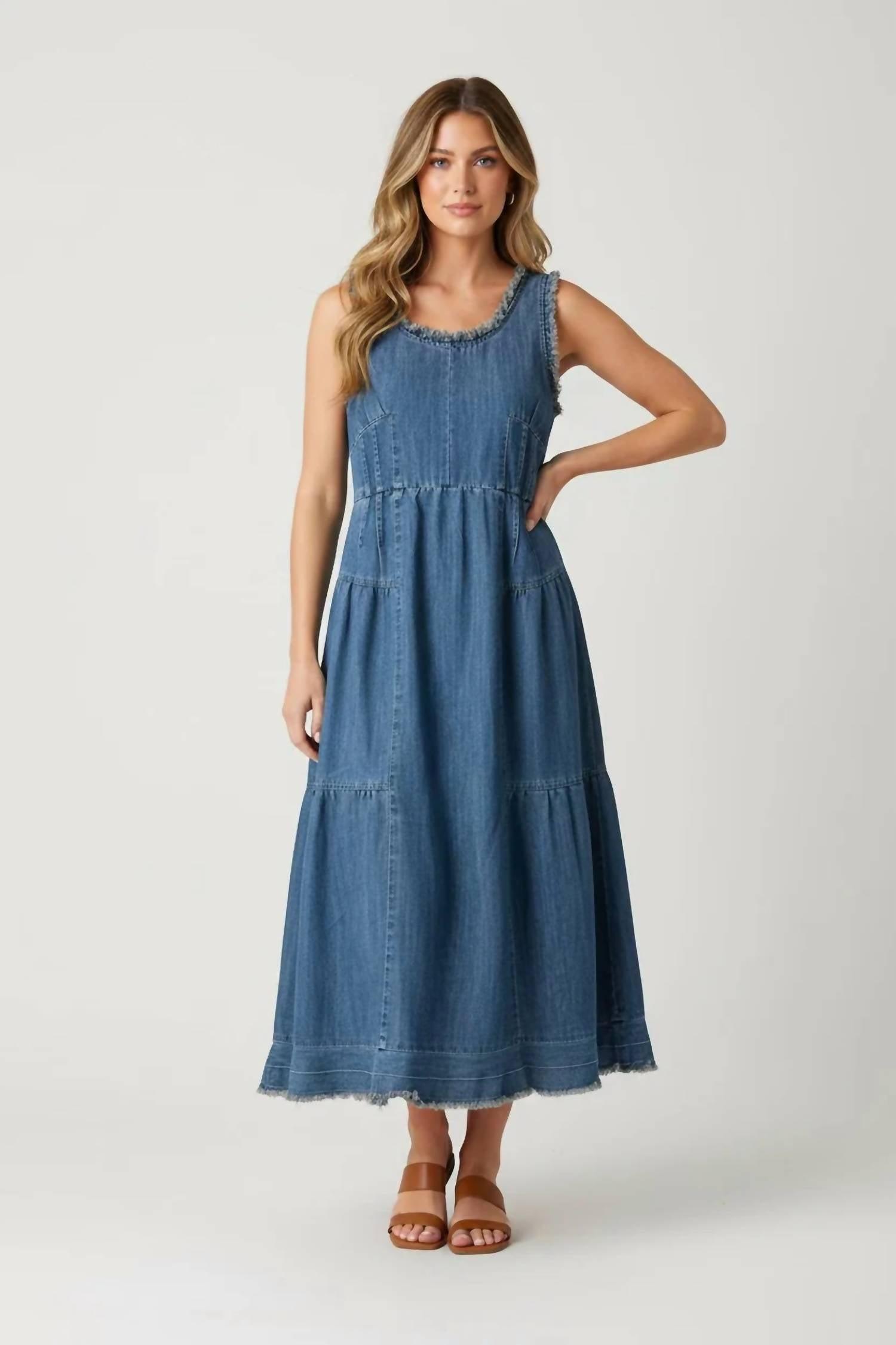 easel denim dress Jacquard Dirty Washed SHORT SLVS WASHED DENIM DRESS Easel Frayed Detail Denim Maxi