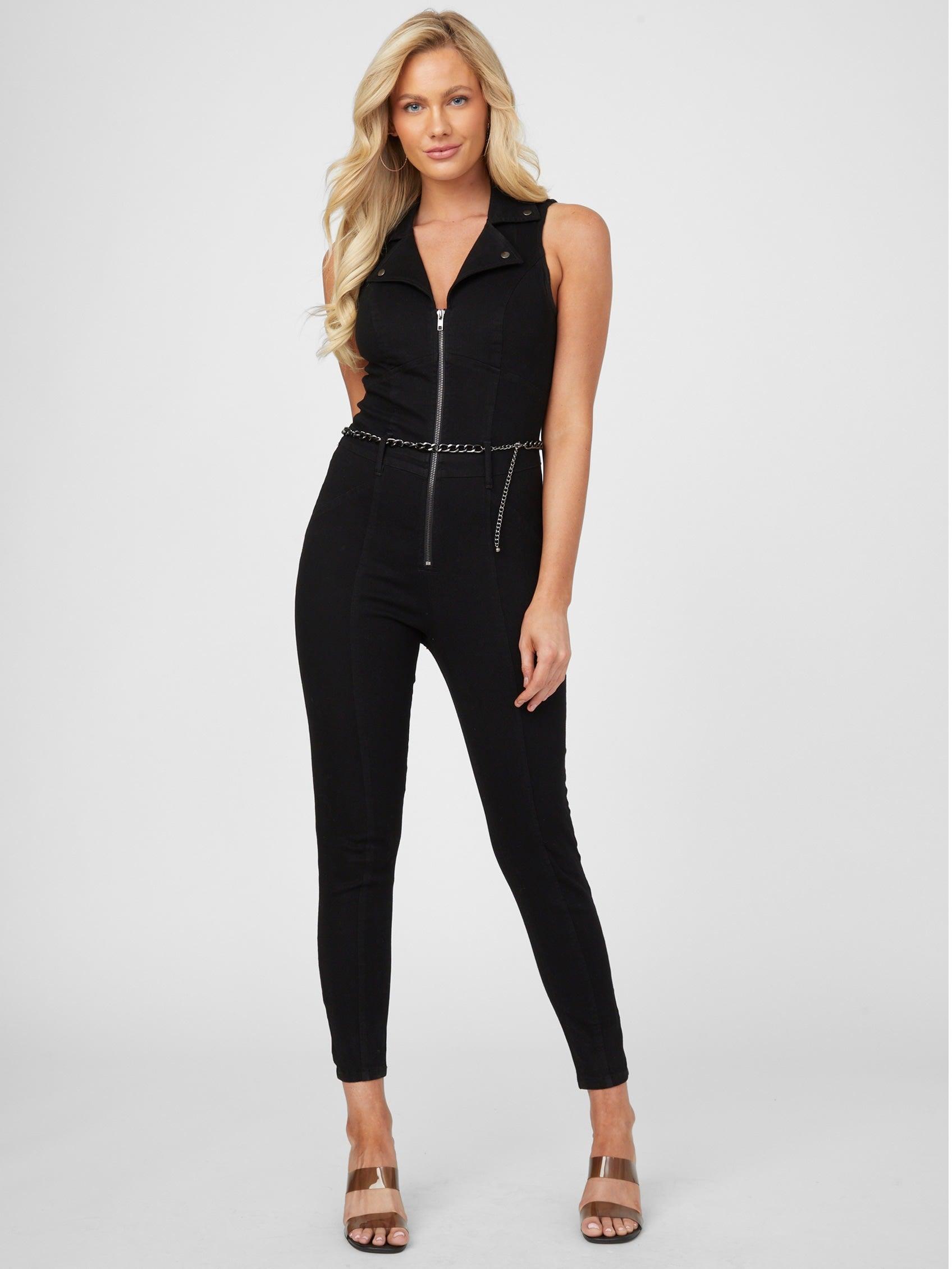 Guess Factory Eco Beckly Moto Denim Jumpsuit in Black | Lyst